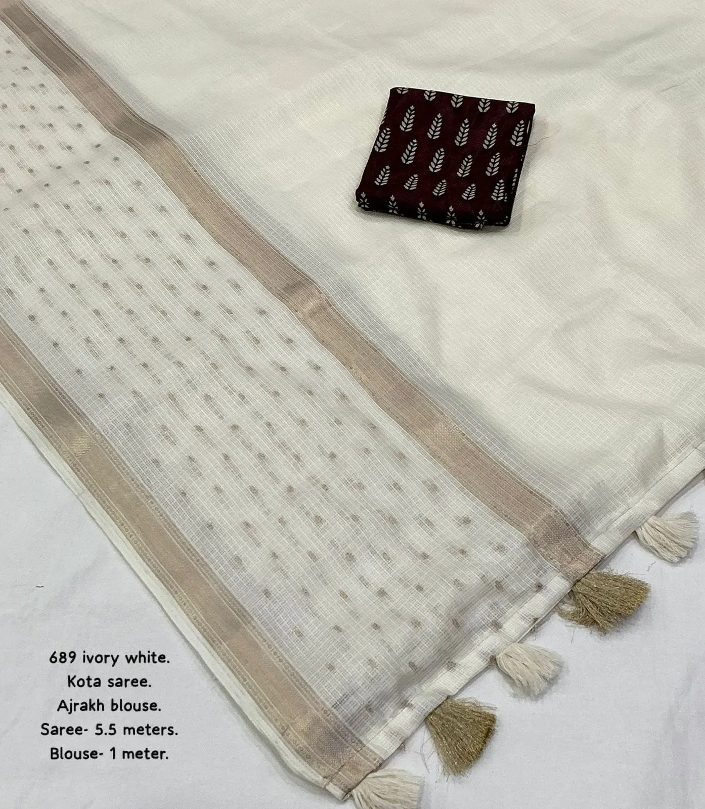 Soft Kota Doria Saree with Zari Woven Border & Contrast Crape Silk Ajrakh Blouse