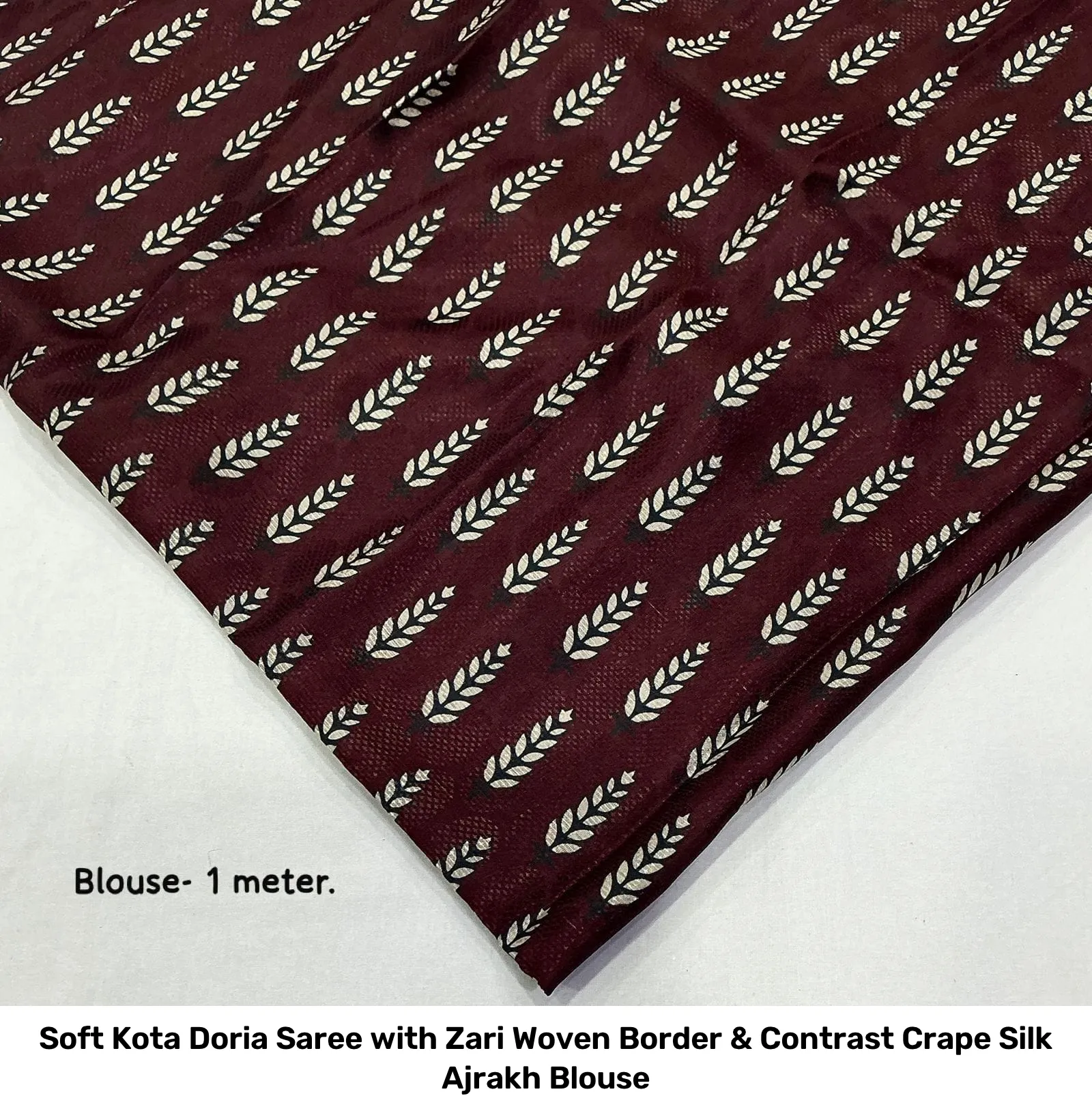 Soft Kota Doria Saree with Zari Woven Border & Contrast Crape Silk Ajrakh Blouse 2