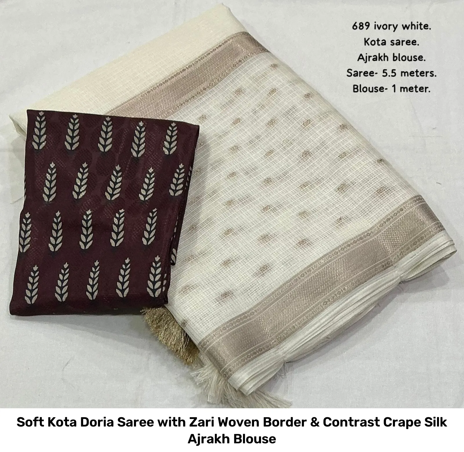 Soft Kota Doria Saree with Zari Woven Border & Contrast Crape Silk Ajrakh Blouse 3