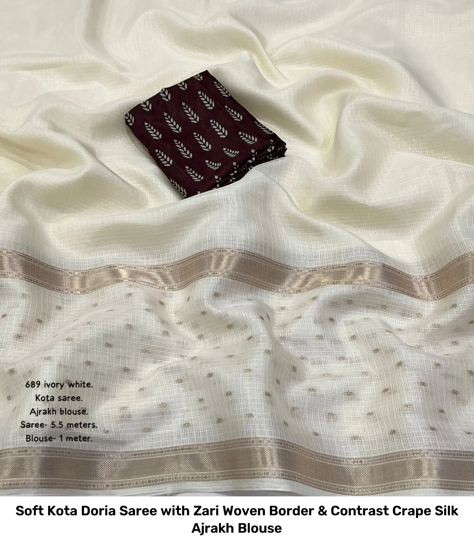 Soft Kota Doria Saree with Zari Woven Border & Contrast Crape Silk Ajrakh Blouse 4