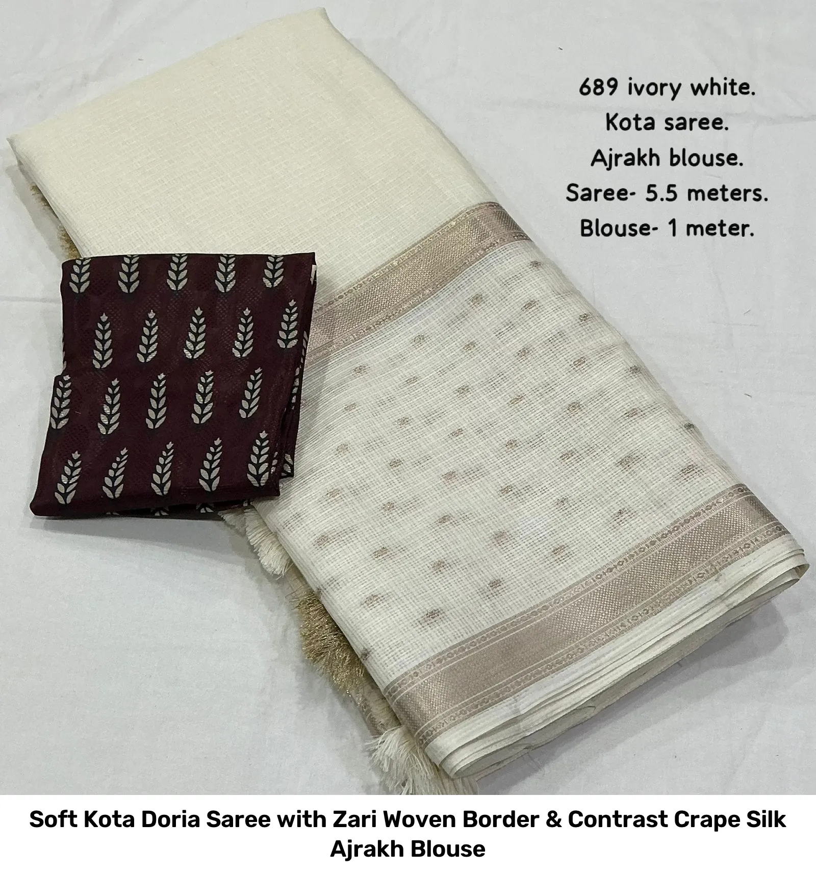 Soft Kota Doria Saree with Zari Woven Border & Contrast Crape Silk Ajrakh Blouse 5