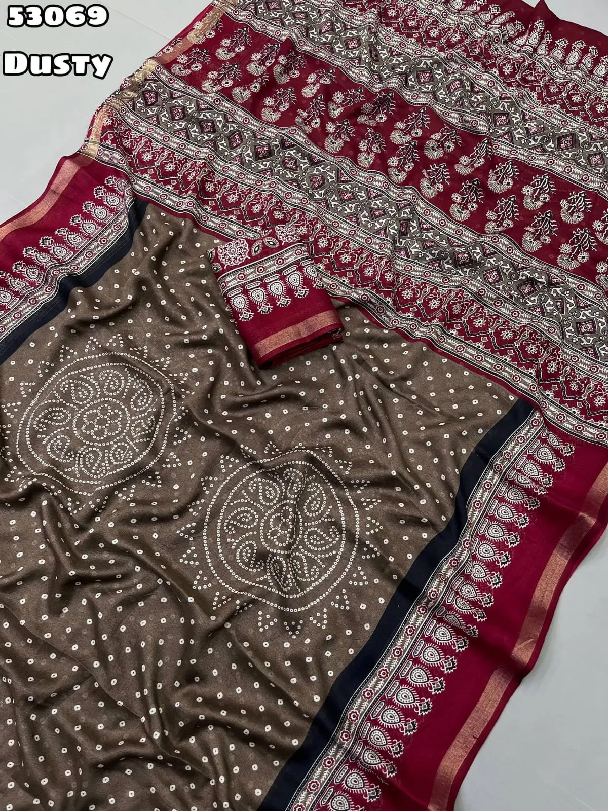 Soft Mul Cotton Saree with Ajrakh Bandhani Print & Zari Weaving Border | Lightweight Daily Wear Mulmul Saree with Contrast Printed Blouse