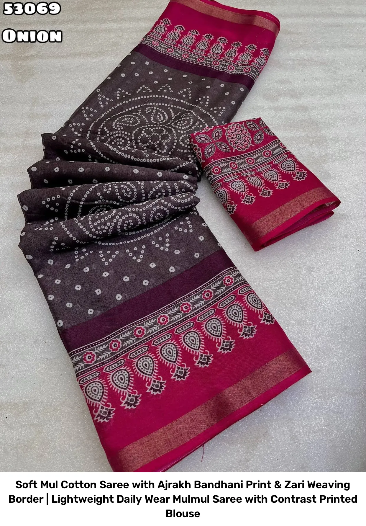 Soft Mul Cotton Saree with Ajrakh Bandhani Print & Zari Weaving Border | Lightweight Daily Wear Mulmul Saree with Contrast Printed Blouse 2