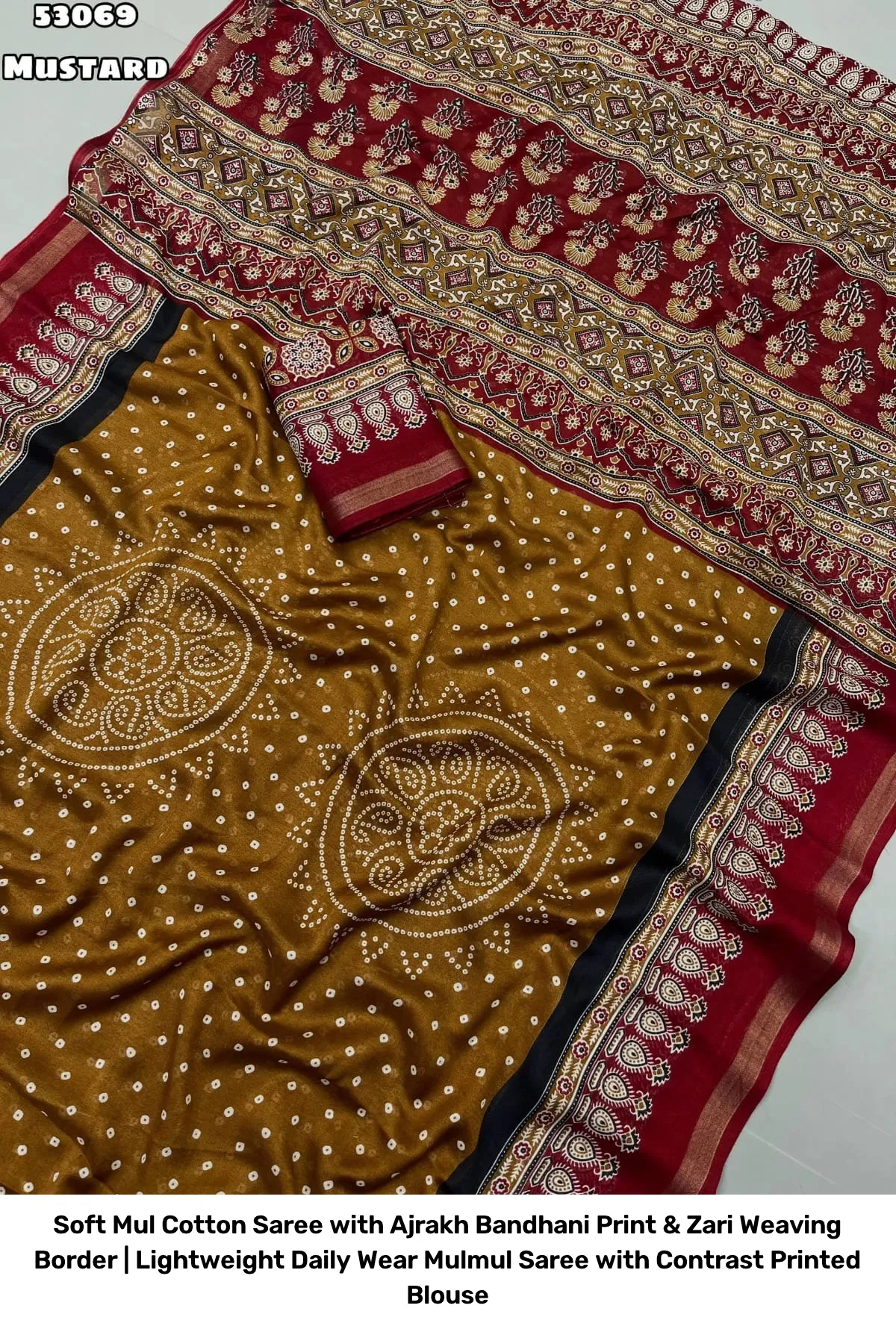 Soft Mul Cotton Saree with Ajrakh Bandhani Print & Zari Weaving Border | Lightweight Daily Wear Mulmul Saree with Contrast Printed Blouse 3