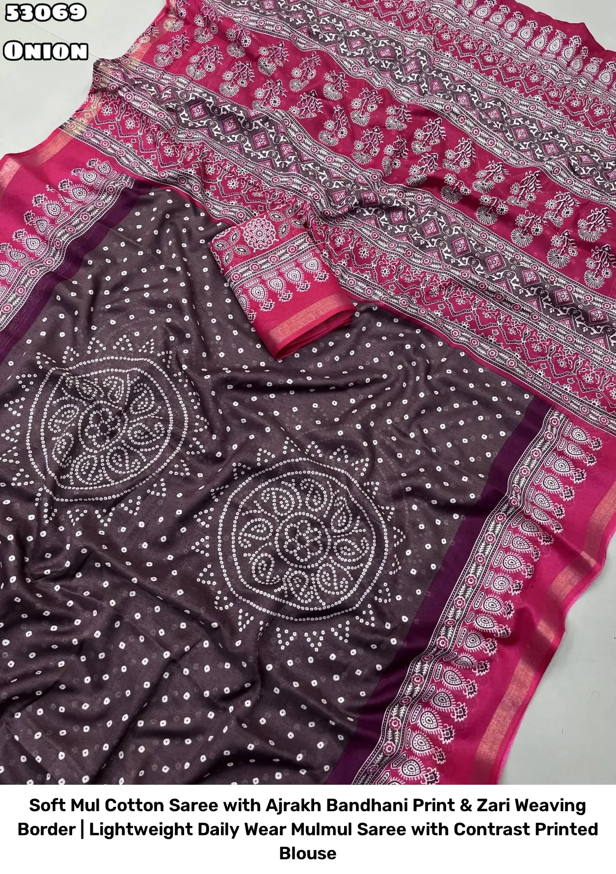 Soft Mul Cotton Saree with Ajrakh Bandhani Print & Zari Weaving Border | Lightweight Daily Wear Mulmul Saree with Contrast Printed Blouse 4
