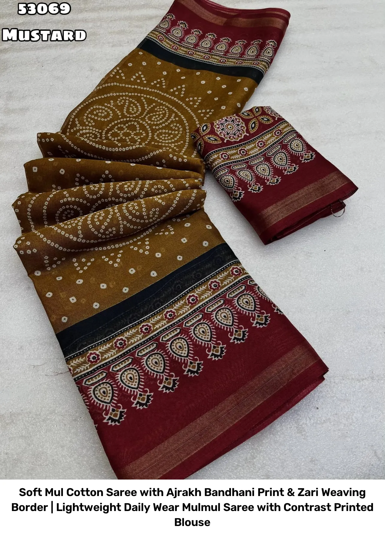 Soft Mul Cotton Saree with Ajrakh Bandhani Print & Zari Weaving Border | Lightweight Daily Wear Mulmul Saree with Contrast Printed Blouse 5