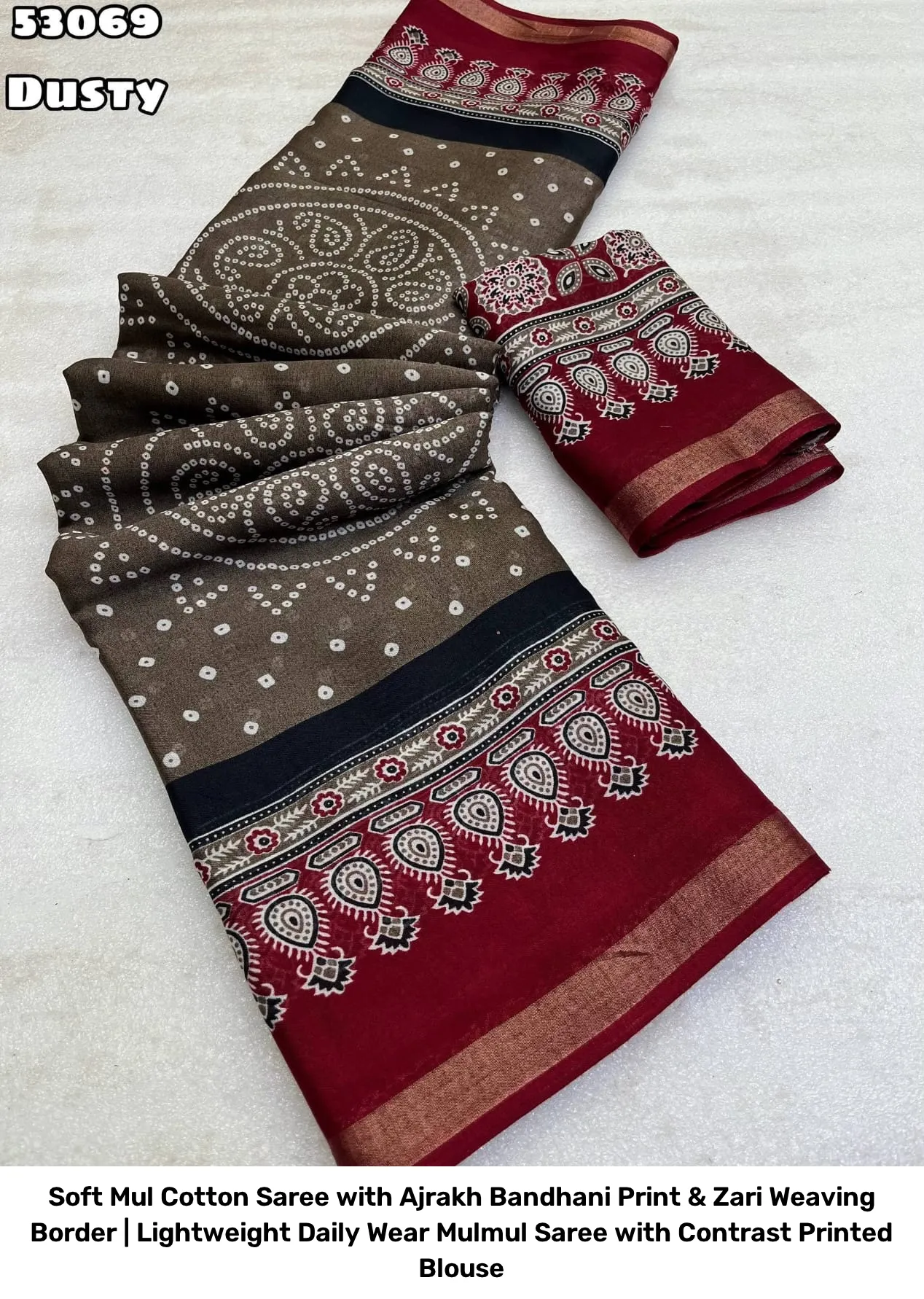 Soft Mul Cotton Saree with Ajrakh Bandhani Print & Zari Weaving Border | Lightweight Daily Wear Mulmul Saree with Contrast Printed Blouse 6