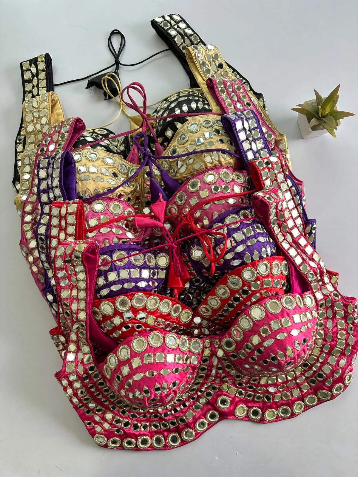 Soft Silk Heavy Mirror Work Readymade Blouse | Bollywood Style Bustier Crop Top Padded Saree Blouse (Size 38–42)