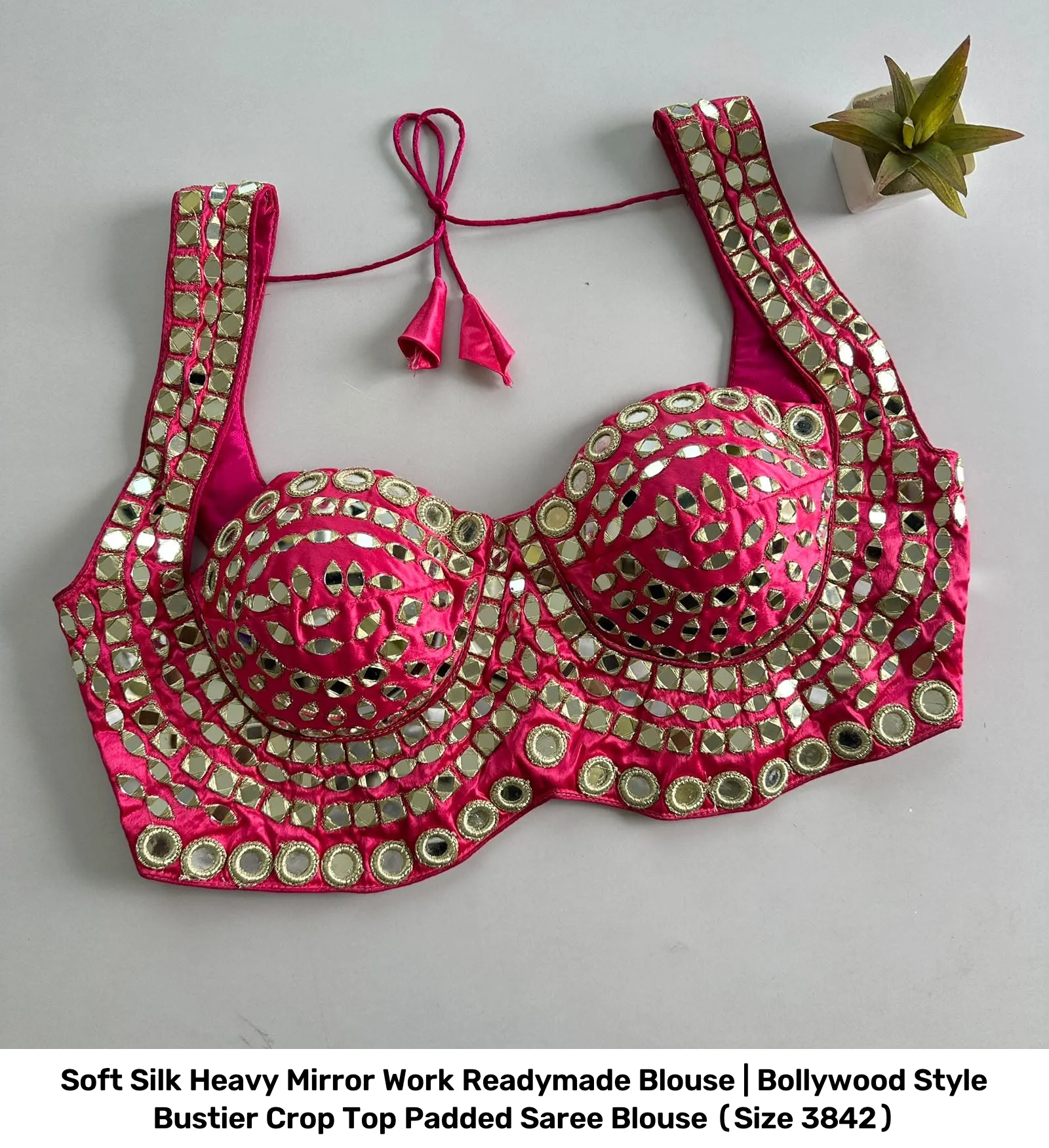 Soft Silk Heavy Mirror Work Readymade Blouse | Bollywood Style Bustier Crop Top Padded Saree Blouse (Size 38–42) 2