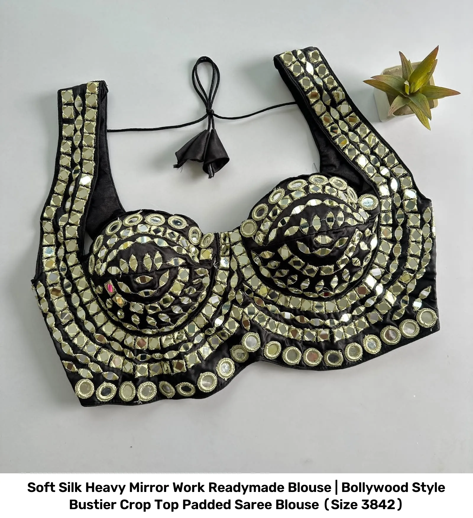 Soft Silk Heavy Mirror Work Readymade Blouse | Bollywood Style Bustier Crop Top Padded Saree Blouse (Size 38–42) 3