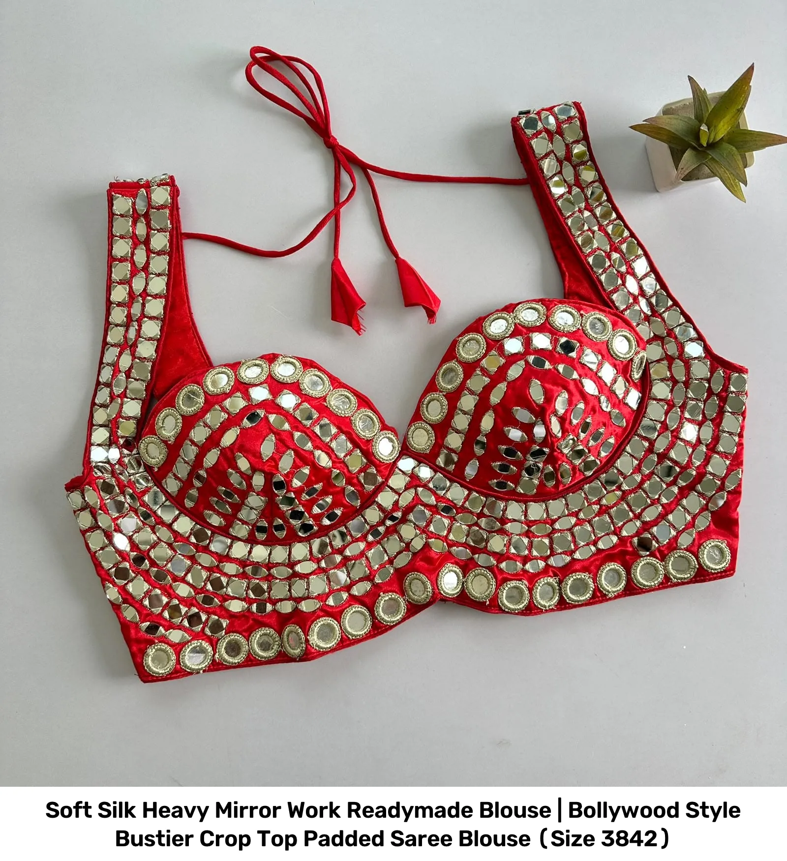 Soft Silk Heavy Mirror Work Readymade Blouse | Bollywood Style Bustier Crop Top Padded Saree Blouse (Size 38–42) 7