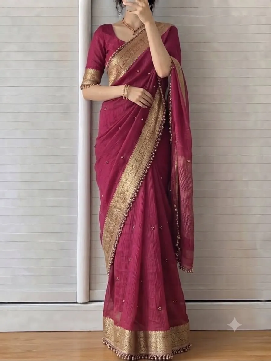 Soft Tissue Silk Saree with Real Ghungroo Work & Golden Zari Border