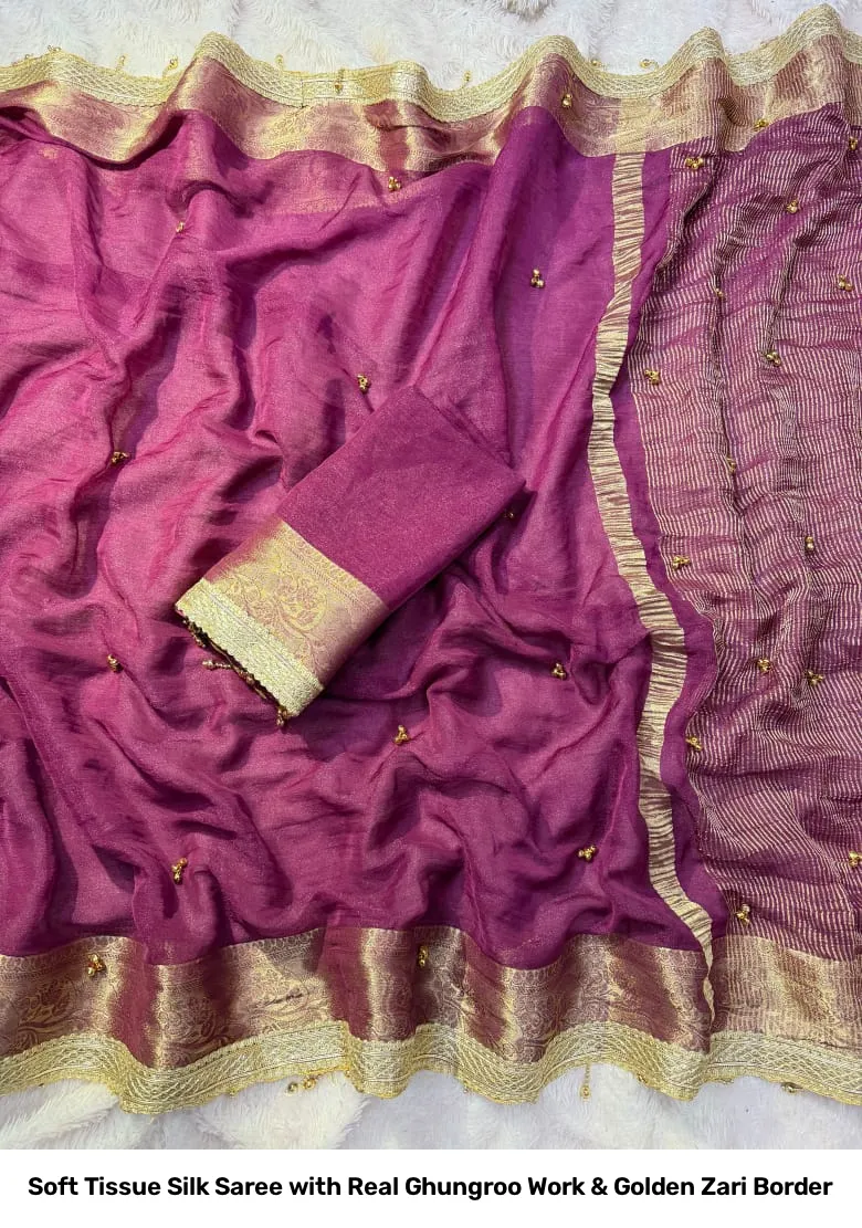 Soft Tissue Silk Saree with Real Ghungroo Work & Golden Zari Border 10