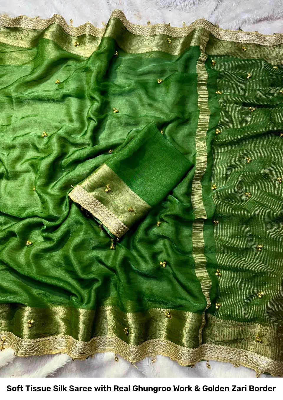 Soft Tissue Silk Saree with Real Ghungroo Work & Golden Zari Border 11