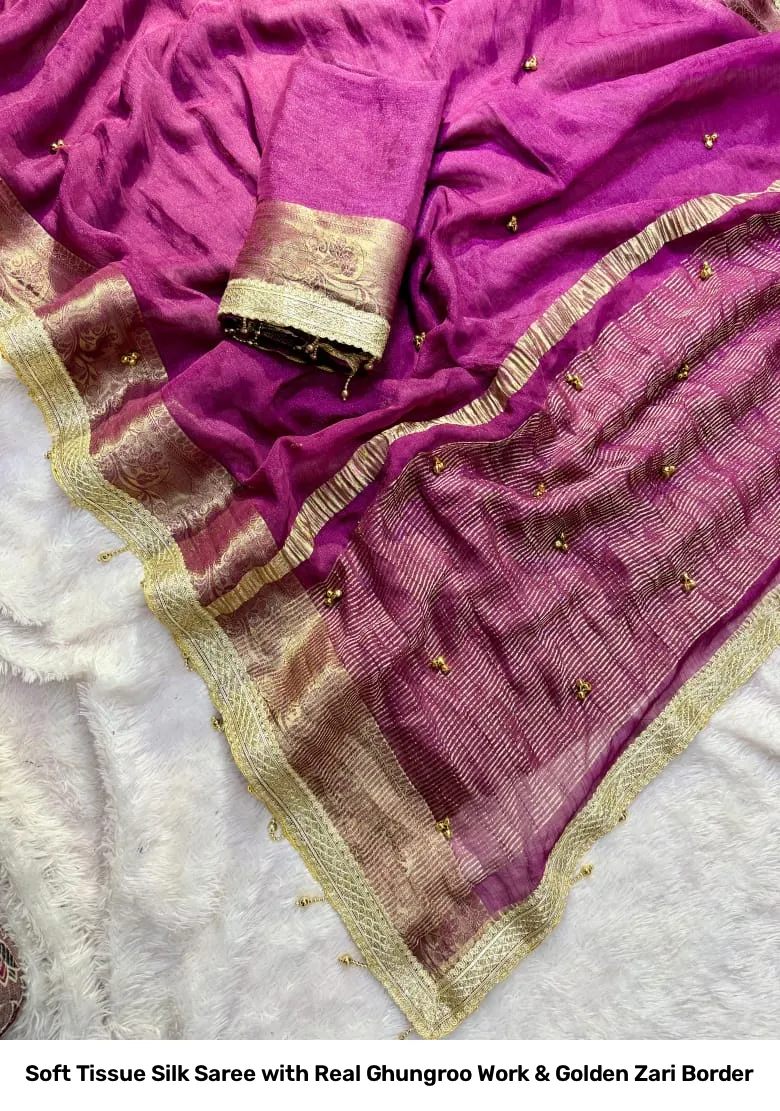 Soft Tissue Silk Saree with Real Ghungroo Work & Golden Zari Border 2