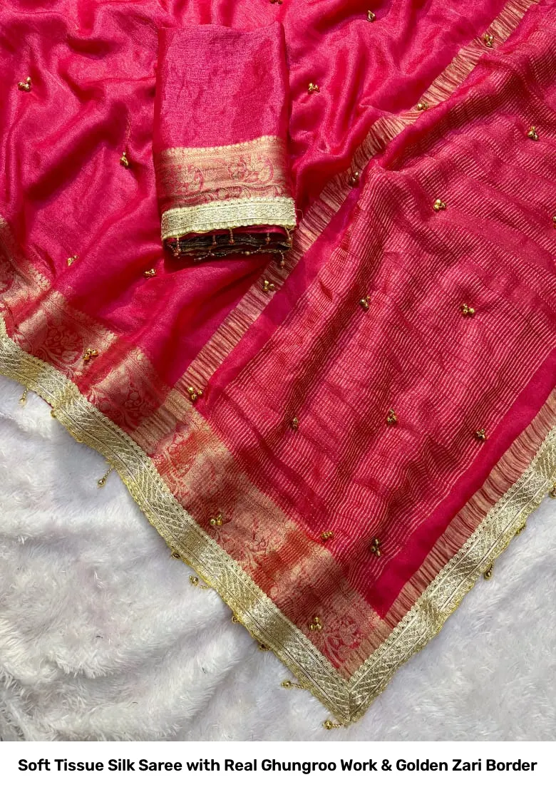 Soft Tissue Silk Saree with Real Ghungroo Work & Golden Zari Border 3