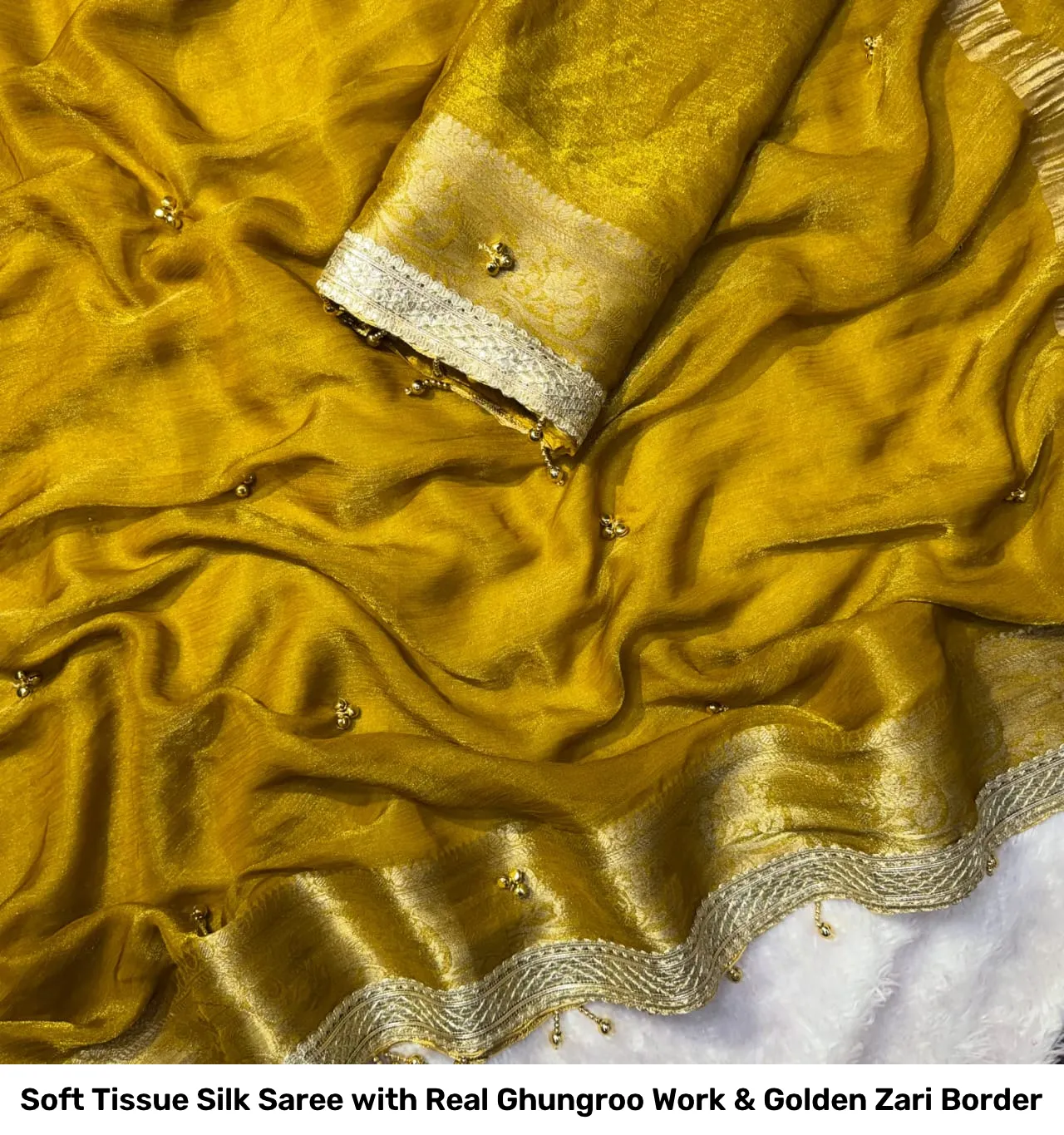 Soft Tissue Silk Saree with Real Ghungroo Work & Golden Zari Border 4