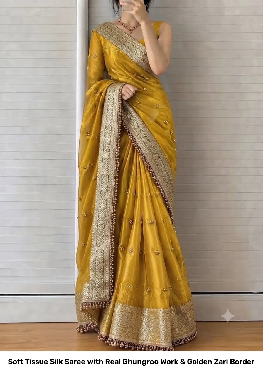 Soft Tissue Silk Saree with Real Ghungroo Work & Golden Zari Border 5