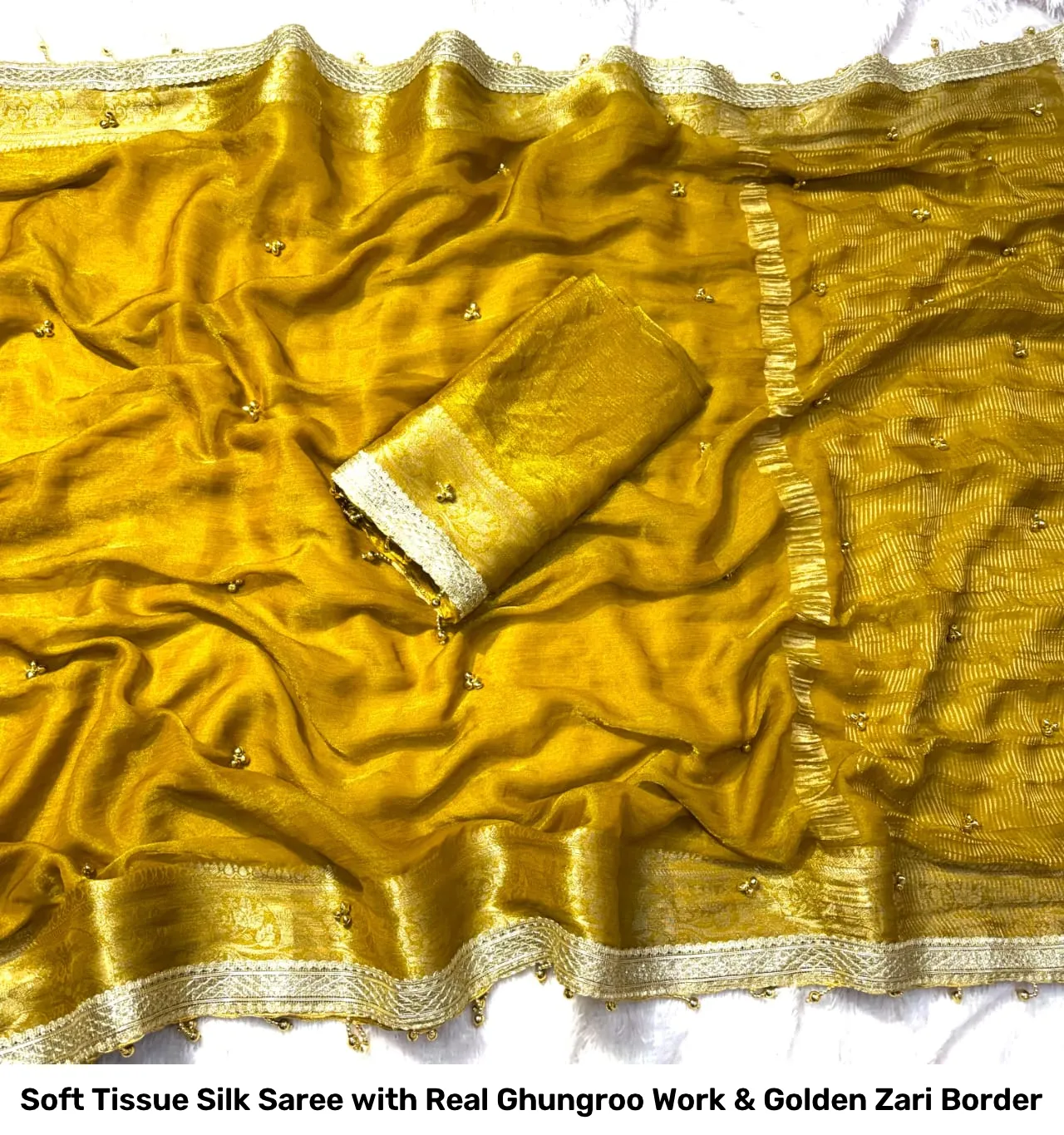 Soft Tissue Silk Saree with Real Ghungroo Work & Golden Zari Border 6