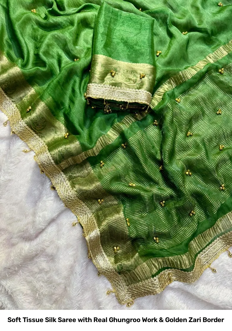 Soft Tissue Silk Saree with Real Ghungroo Work & Golden Zari Border 7