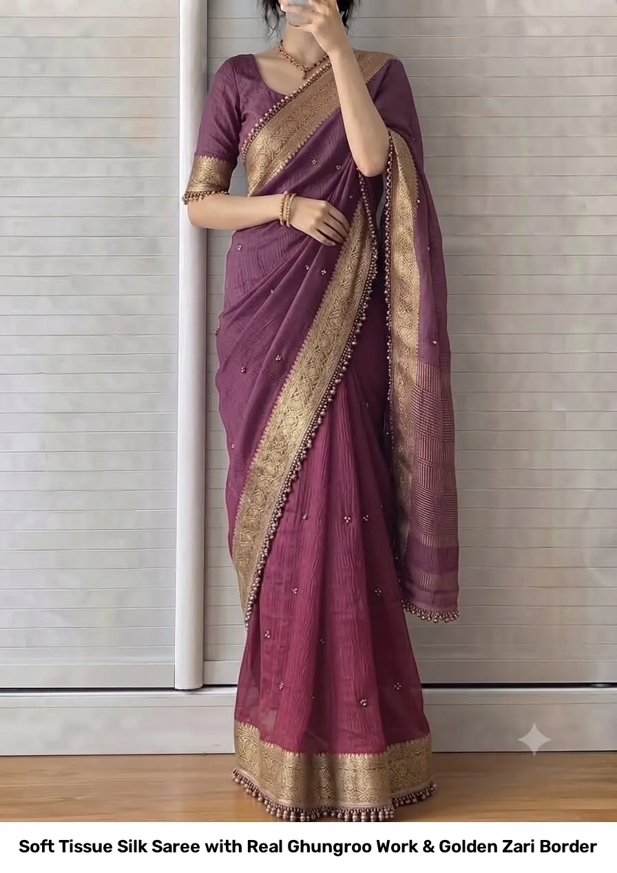 Soft Tissue Silk Saree with Real Ghungroo Work & Golden Zari Border 8