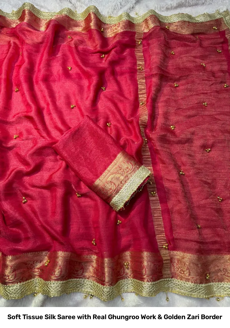 Soft Tissue Silk Saree with Real Ghungroo Work & Golden Zari Border 9