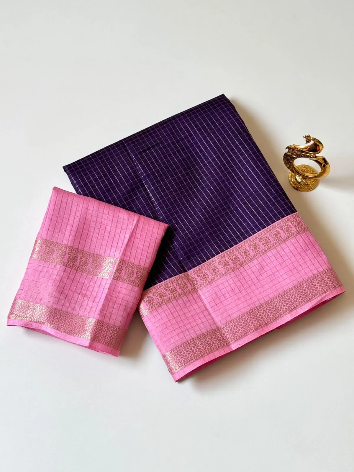 Soft Tussar Silk Daily Wear Check Saree | Lightweight Formal & Casual Wear Saree with Contrast Rich Pallu & Blouse