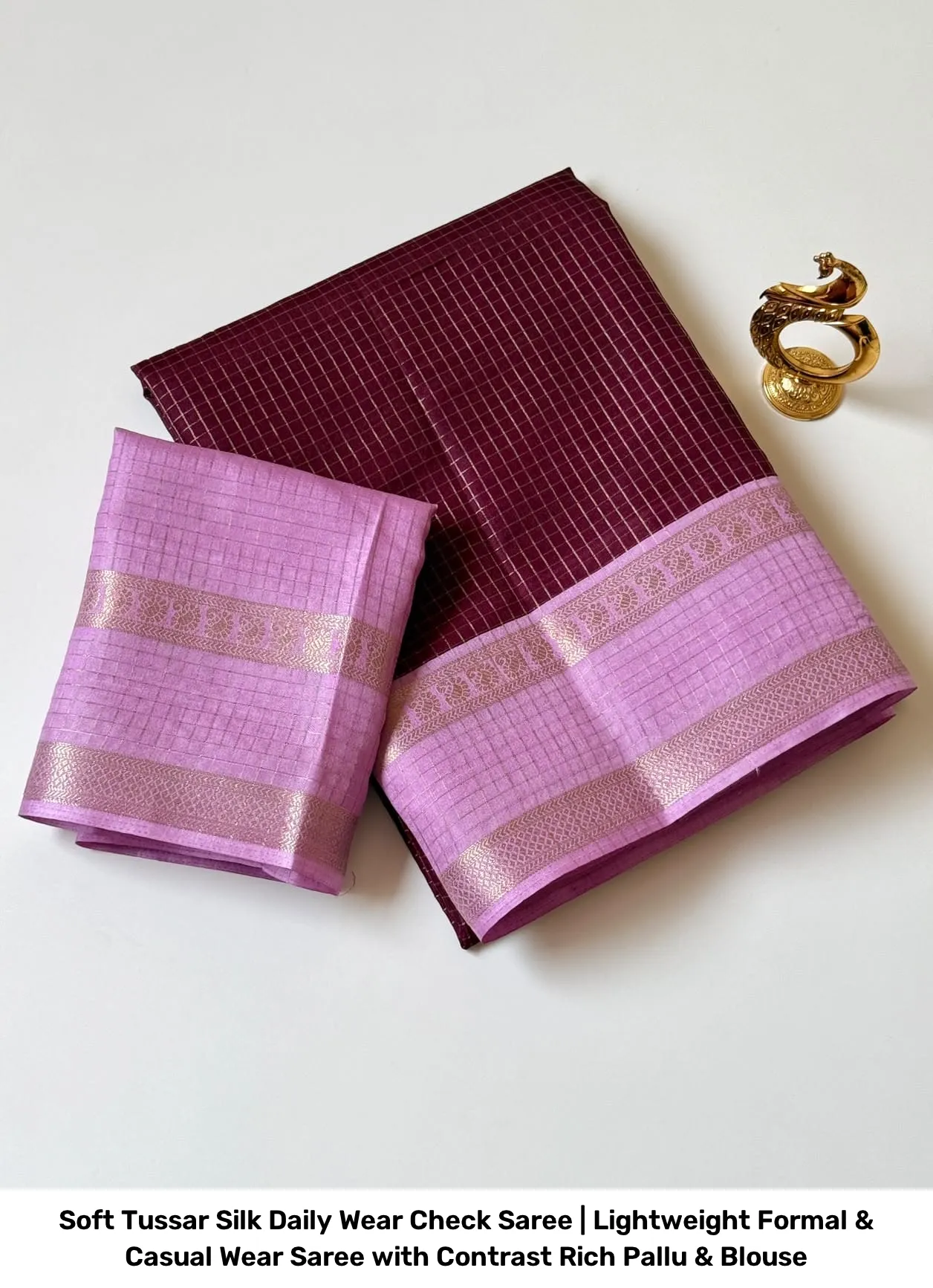 Soft Tussar Silk Daily Wear Check Saree | Lightweight Formal & Casual Wear Saree with Contrast Rich Pallu & Blouse 10