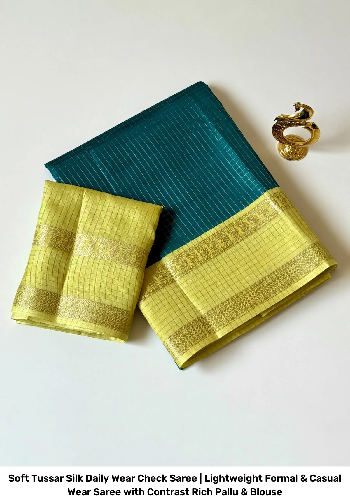 Soft Tussar Silk Daily Wear Check Saree | Lightweight Formal & Casual Wear Saree with Contrast Rich Pallu & Blouse 11
