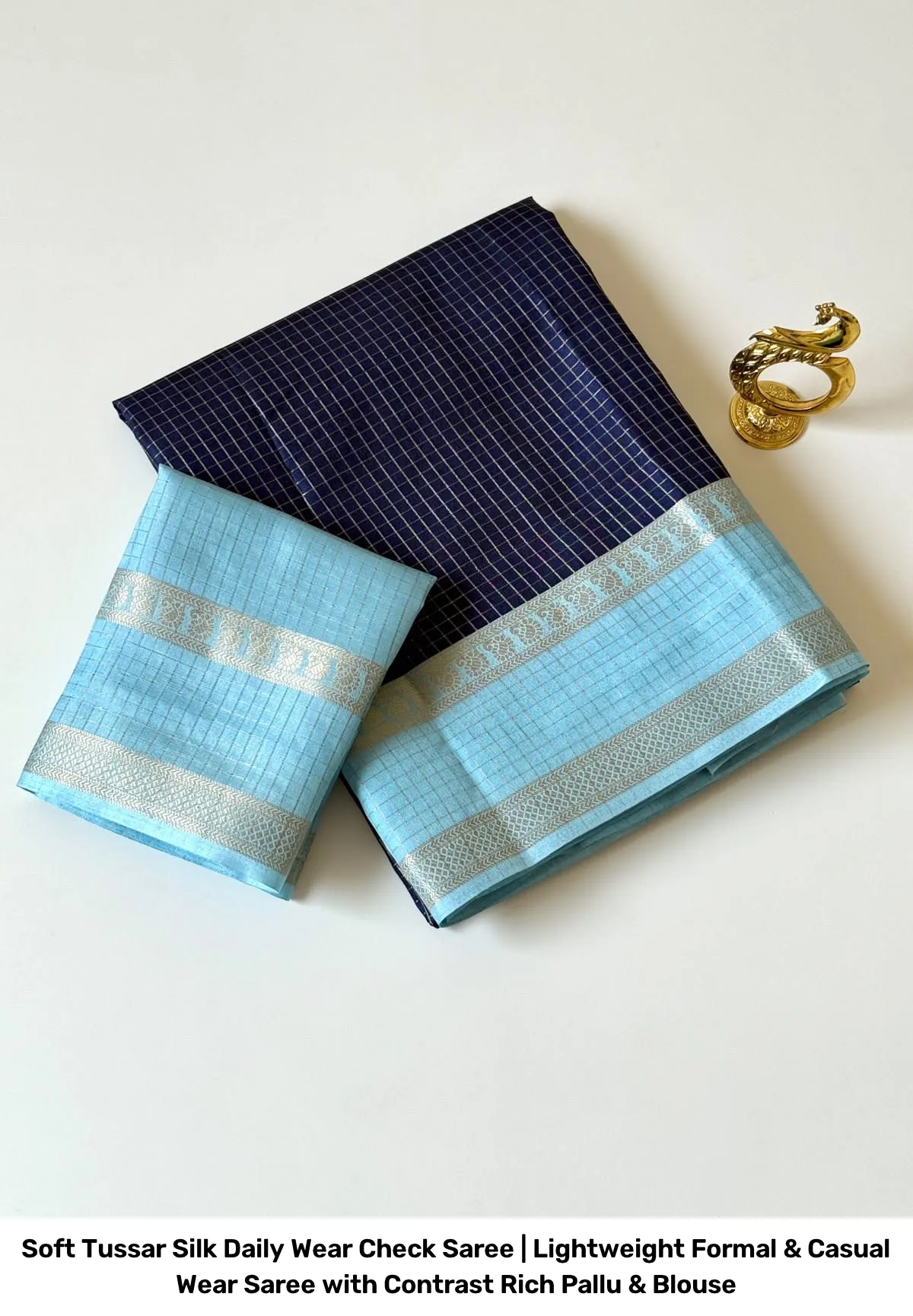 Soft Tussar Silk Daily Wear Check Saree | Lightweight Formal & Casual Wear Saree with Contrast Rich Pallu & Blouse 12