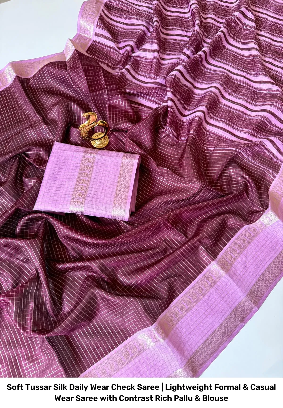 Soft Tussar Silk Daily Wear Check Saree | Lightweight Formal & Casual Wear Saree with Contrast Rich Pallu & Blouse 13