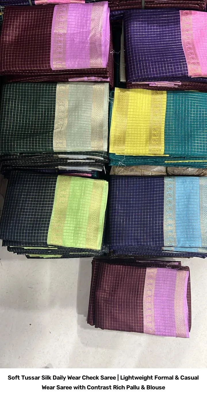 Soft Tussar Silk Daily Wear Check Saree | Lightweight Formal & Casual Wear Saree with Contrast Rich Pallu & Blouse 14