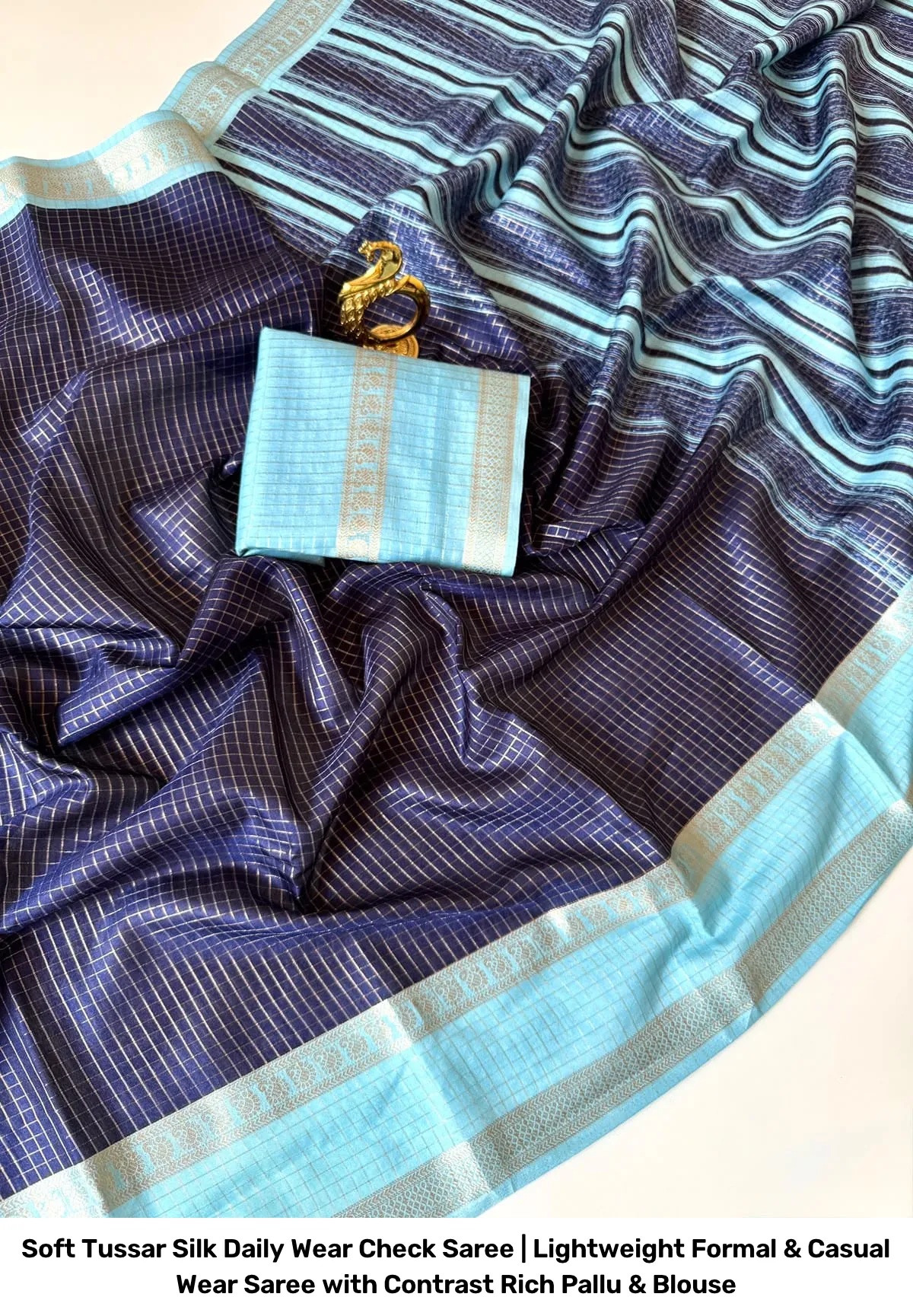Soft Tussar Silk Daily Wear Check Saree | Lightweight Formal & Casual Wear Saree with Contrast Rich Pallu & Blouse 2