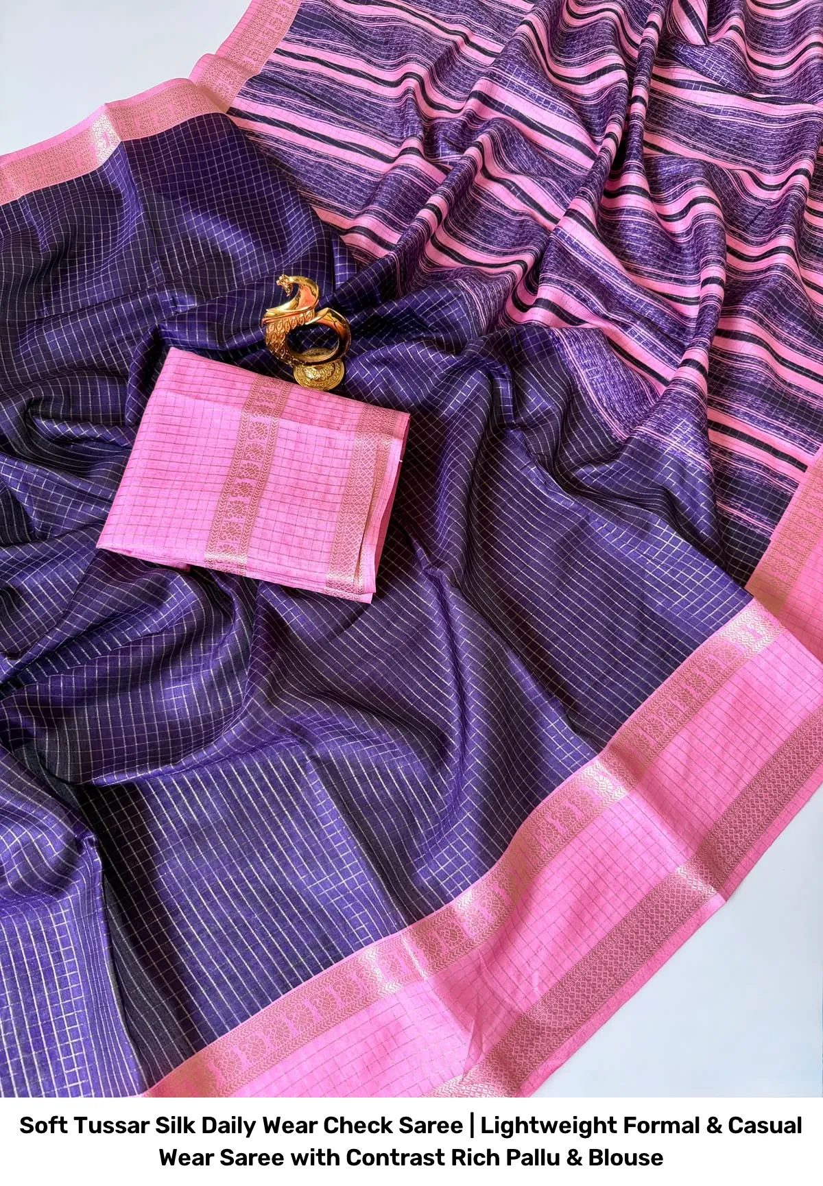 Soft Tussar Silk Daily Wear Check Saree | Lightweight Formal & Casual Wear Saree with Contrast Rich Pallu & Blouse 3