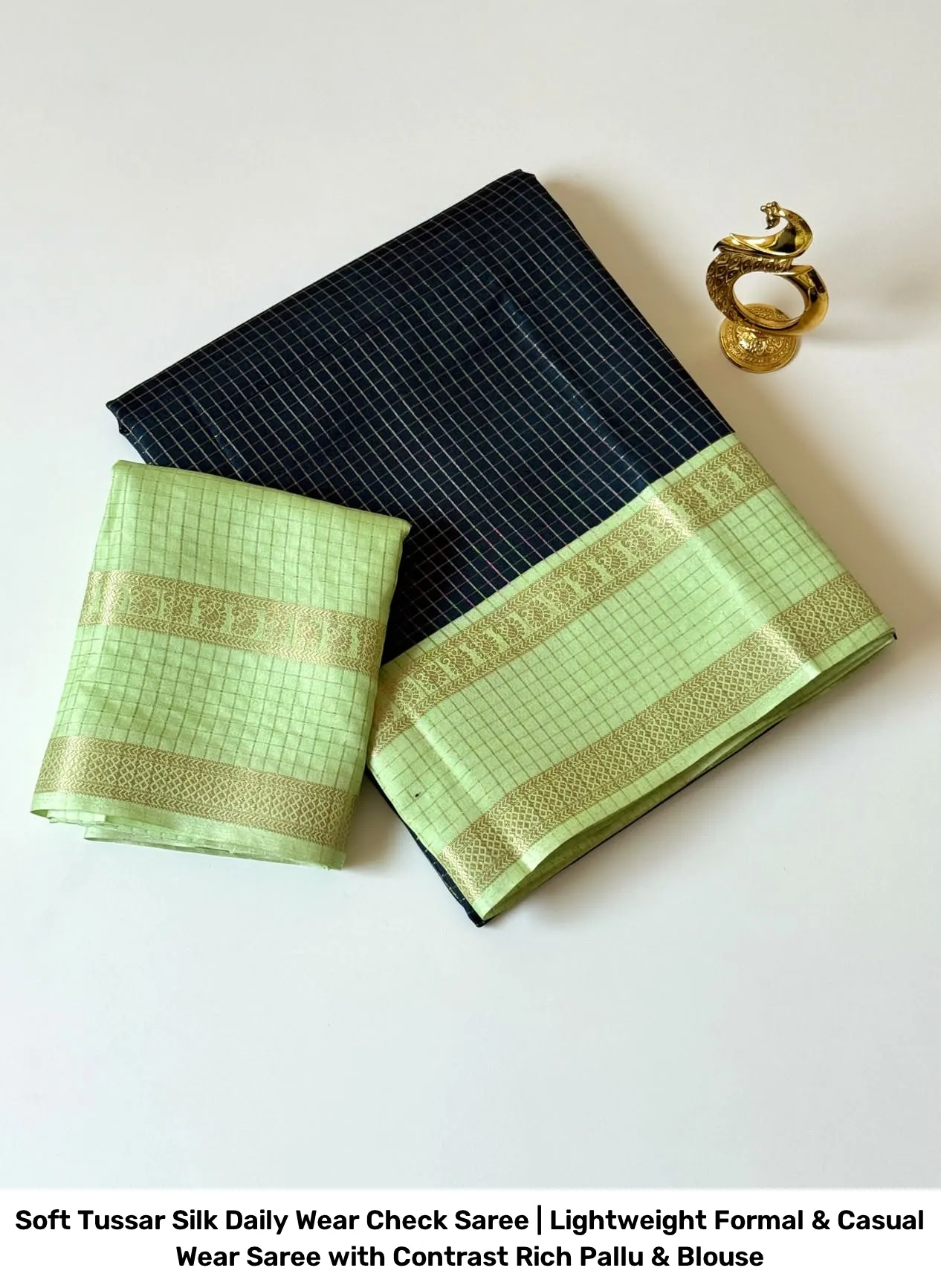 Soft Tussar Silk Daily Wear Check Saree | Lightweight Formal & Casual Wear Saree with Contrast Rich Pallu & Blouse 4