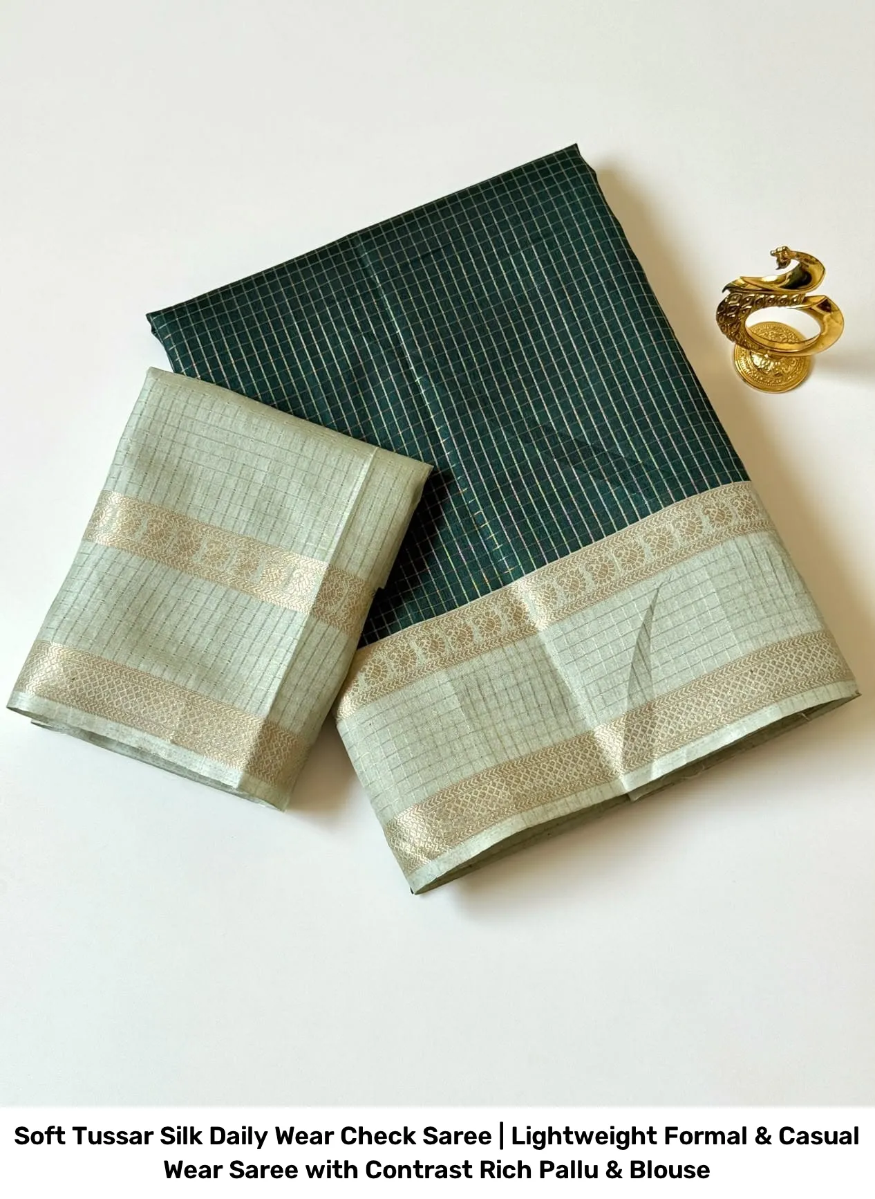 Soft Tussar Silk Daily Wear Check Saree | Lightweight Formal & Casual Wear Saree with Contrast Rich Pallu & Blouse 6
