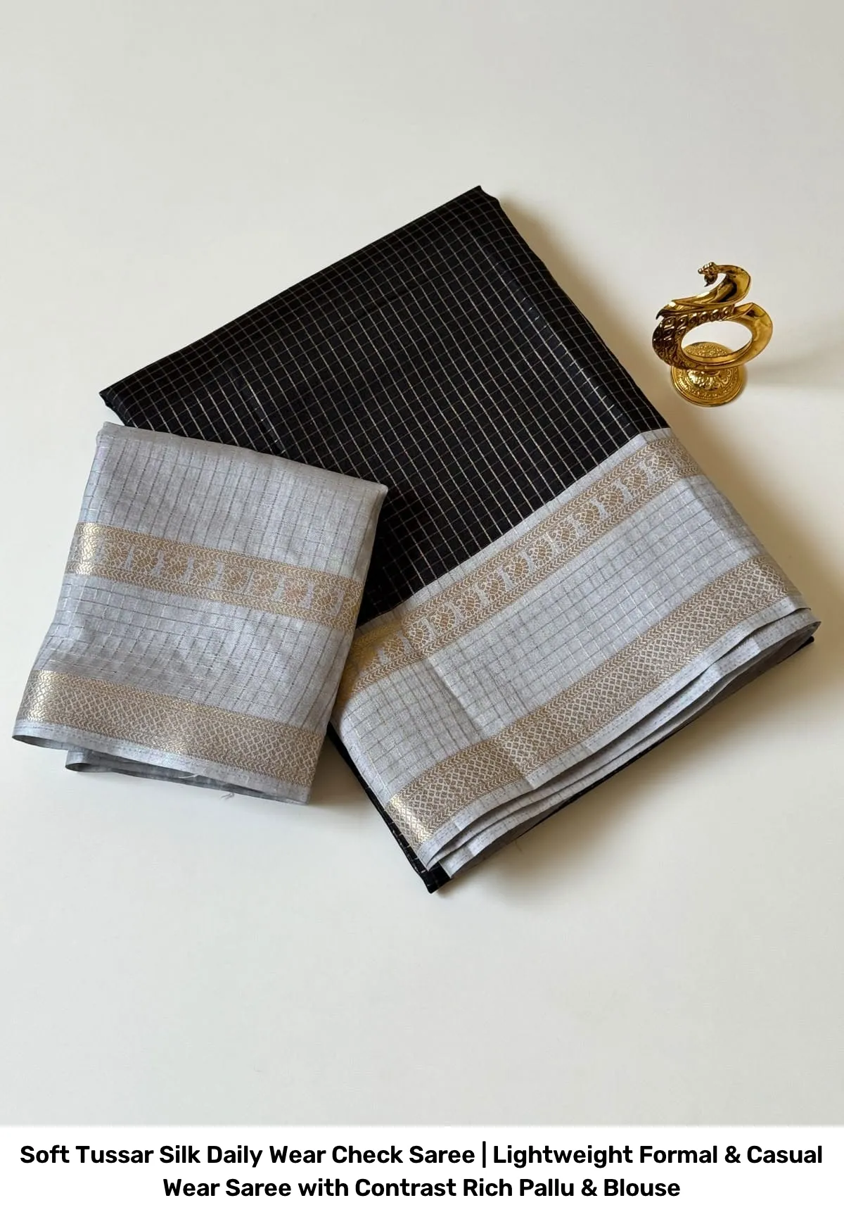 Soft Tussar Silk Daily Wear Check Saree | Lightweight Formal & Casual Wear Saree with Contrast Rich Pallu & Blouse 7