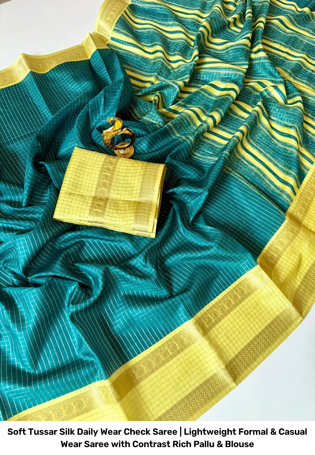 Soft Tussar Silk Daily Wear Check Saree | Lightweight Formal & Casual Wear Saree with Contrast Rich Pallu & Blouse 8