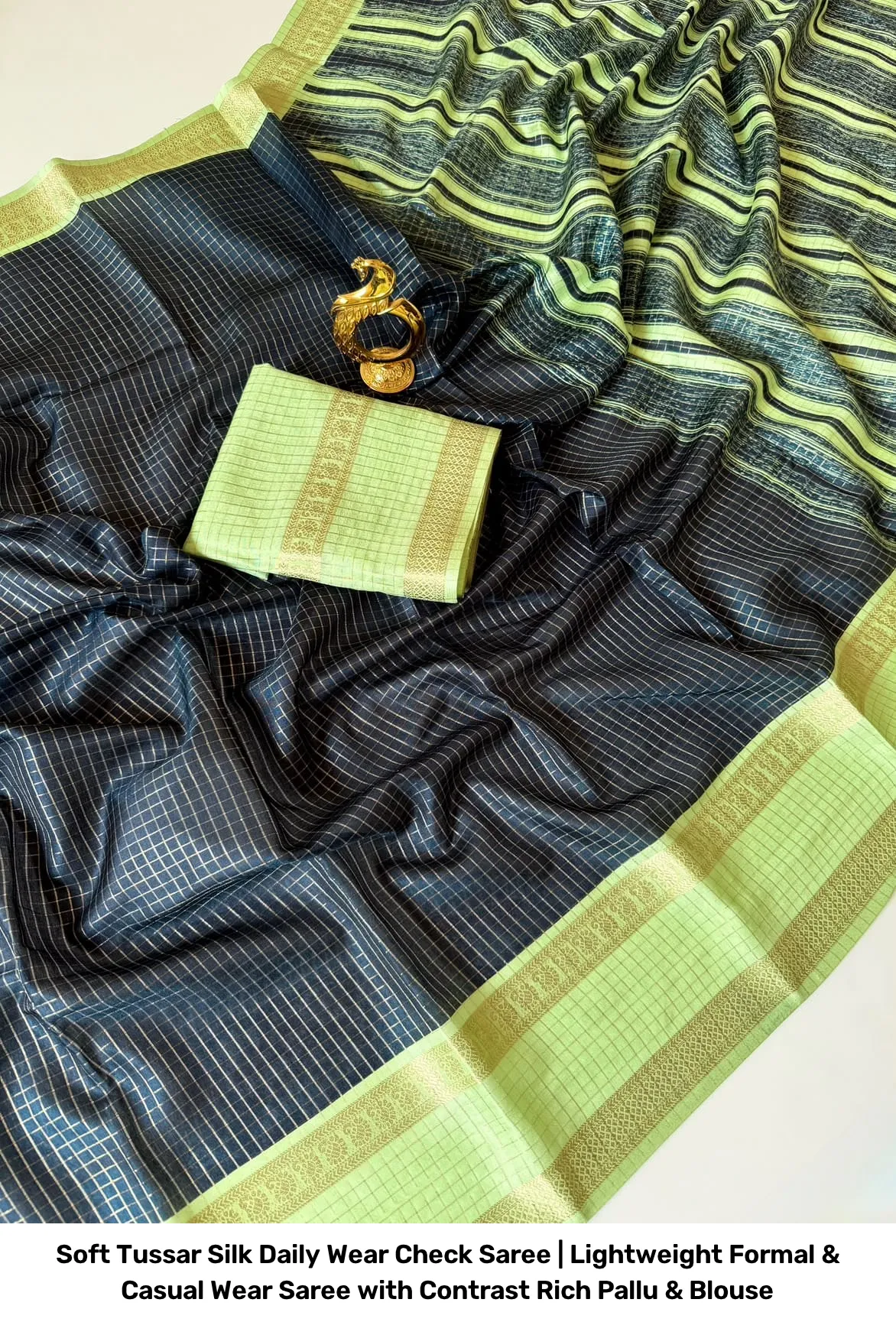 Soft Tussar Silk Daily Wear Check Saree | Lightweight Formal & Casual Wear Saree with Contrast Rich Pallu & Blouse 9
