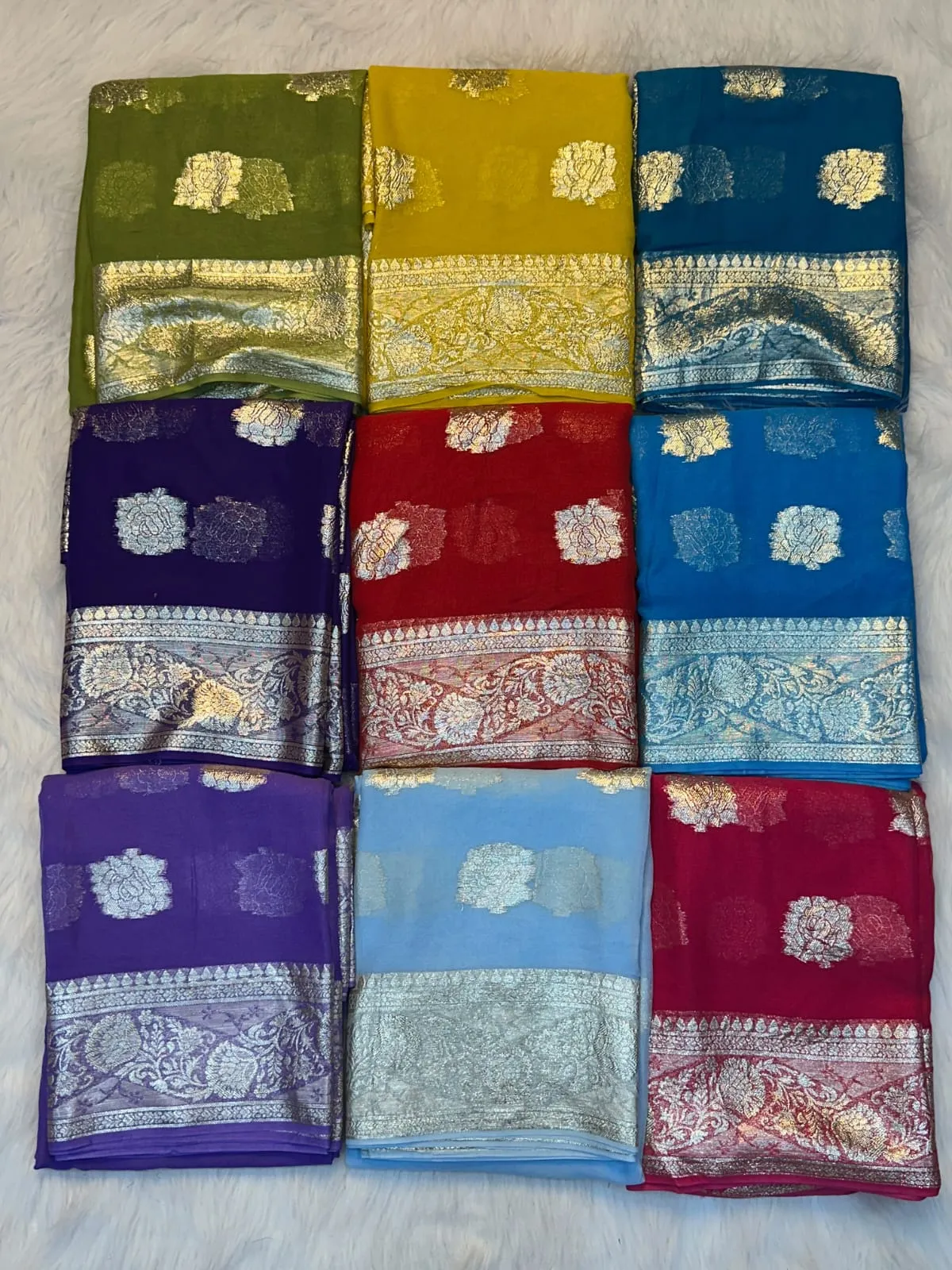 Soft Viscose Georgette Saree with Woven Gold Zari Butta & Peacock Border | Lightweight Festive Banarasi Weave Saree with Running Blouse