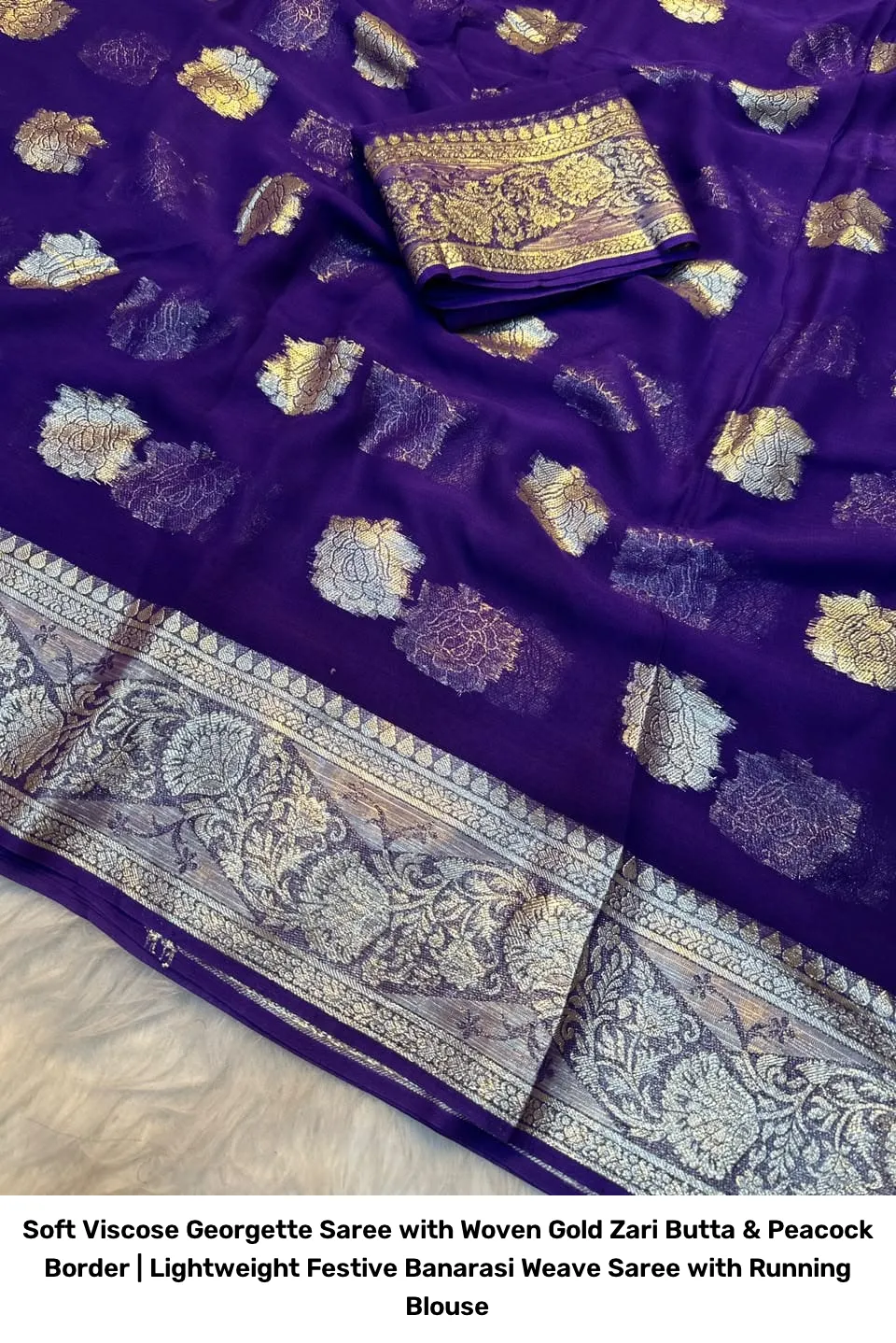 Soft Viscose Georgette Saree with Woven Gold Zari Butta & Peacock Border | Lightweight Festive Banarasi Weave Saree with Running Blouse 10