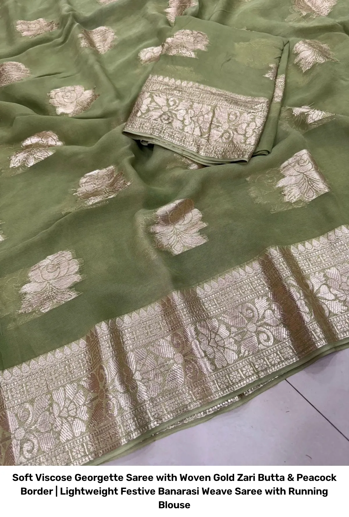 Soft Viscose Georgette Saree with Woven Gold Zari Butta & Peacock Border | Lightweight Festive Banarasi Weave Saree with Running Blouse 11