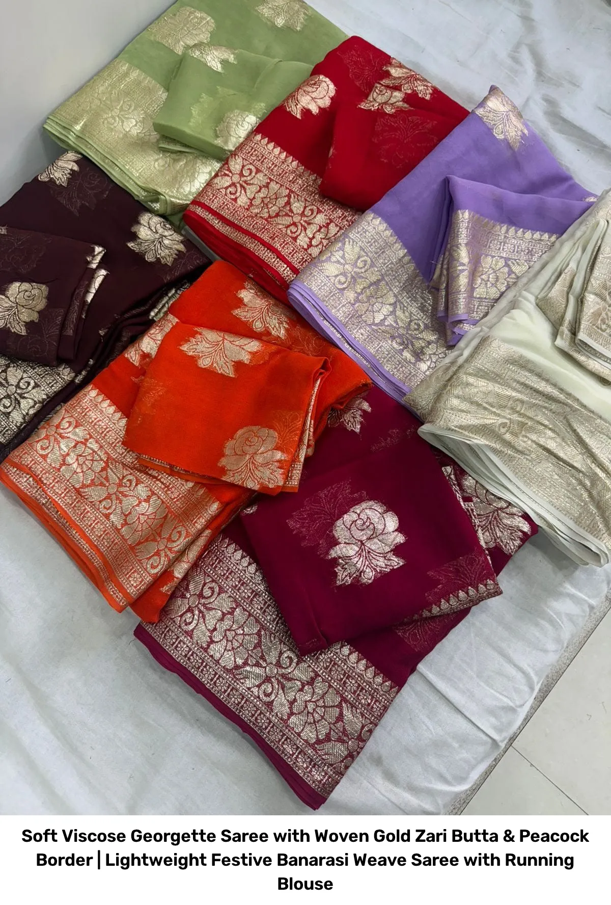 Soft Viscose Georgette Saree with Woven Gold Zari Butta & Peacock Border | Lightweight Festive Banarasi Weave Saree with Running Blouse 12