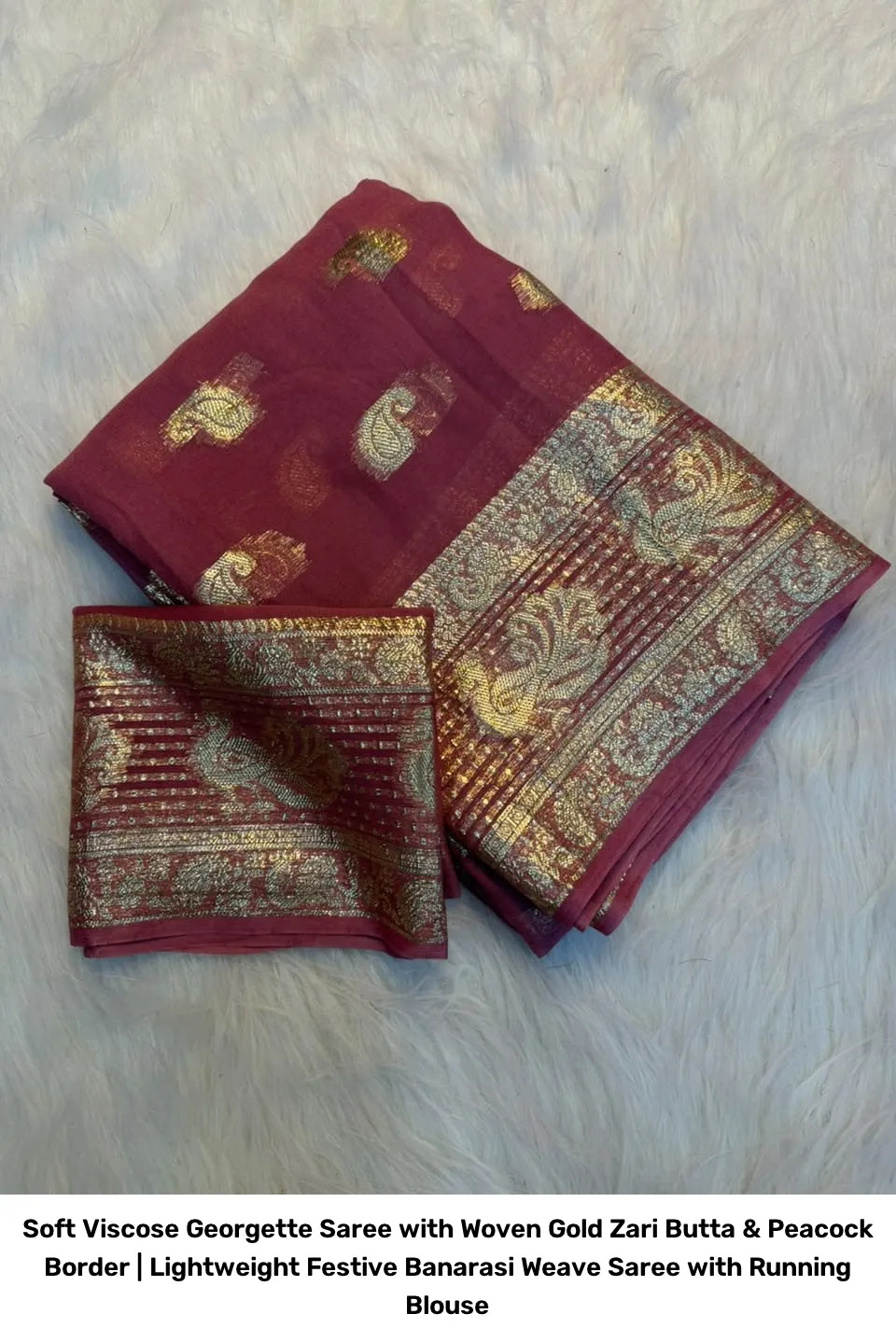 Soft Viscose Georgette Saree with Woven Gold Zari Butta & Peacock Border | Lightweight Festive Banarasi Weave Saree with Running Blouse 13