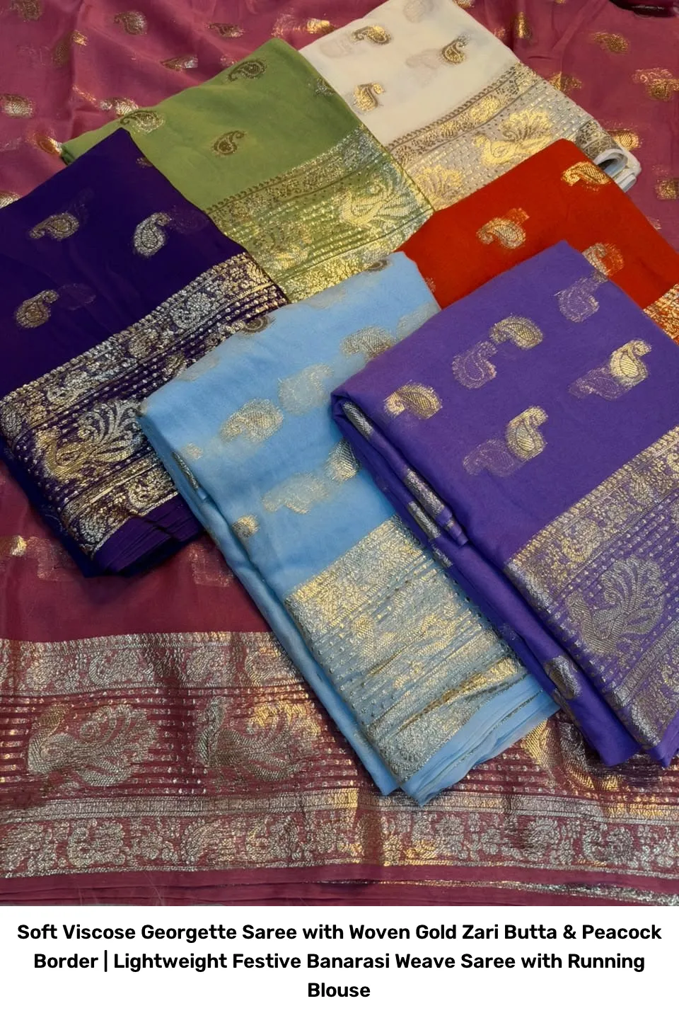 Soft Viscose Georgette Saree with Woven Gold Zari Butta & Peacock Border | Lightweight Festive Banarasi Weave Saree with Running Blouse 14