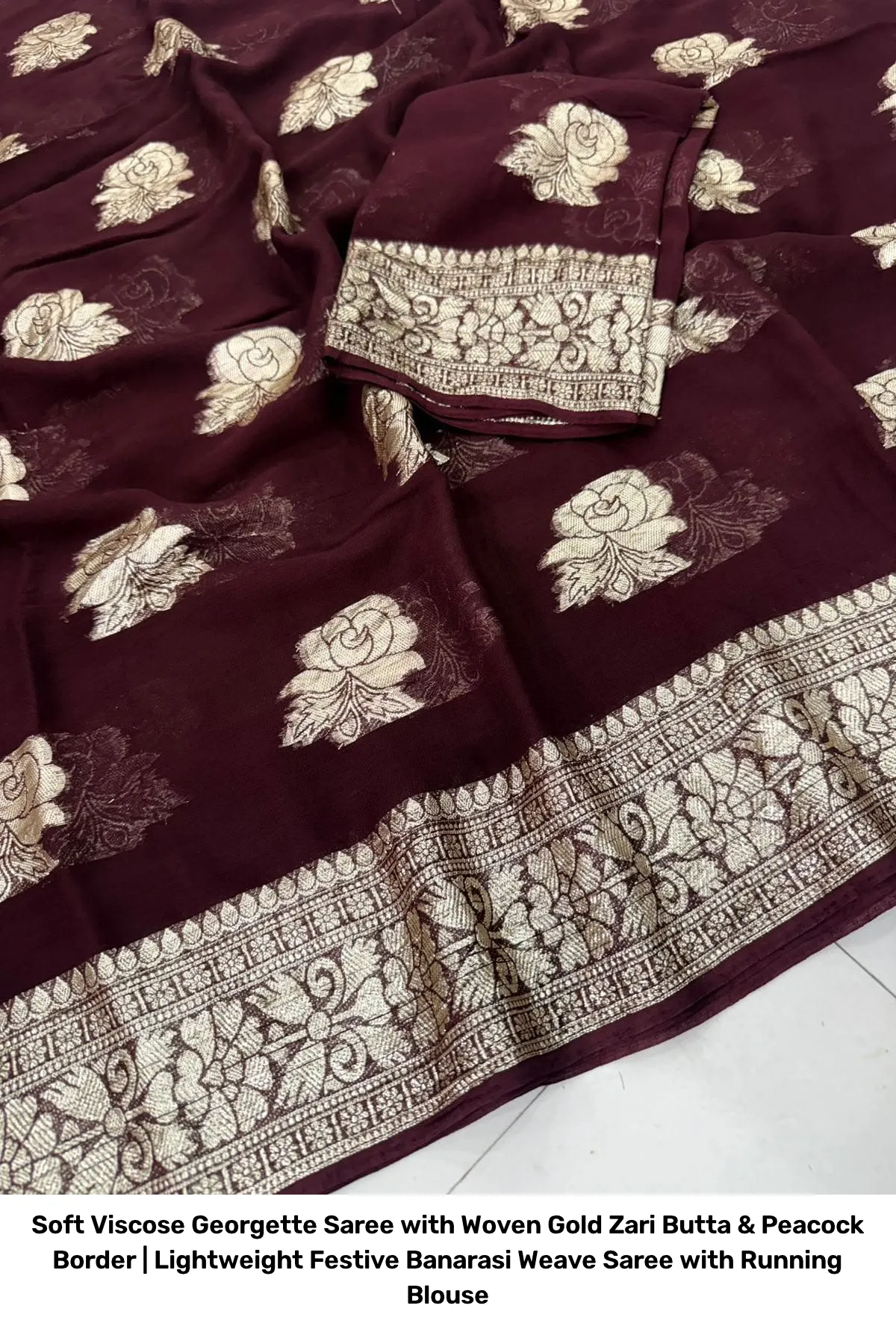 Soft Viscose Georgette Saree with Woven Gold Zari Butta & Peacock Border | Lightweight Festive Banarasi Weave Saree with Running Blouse 15