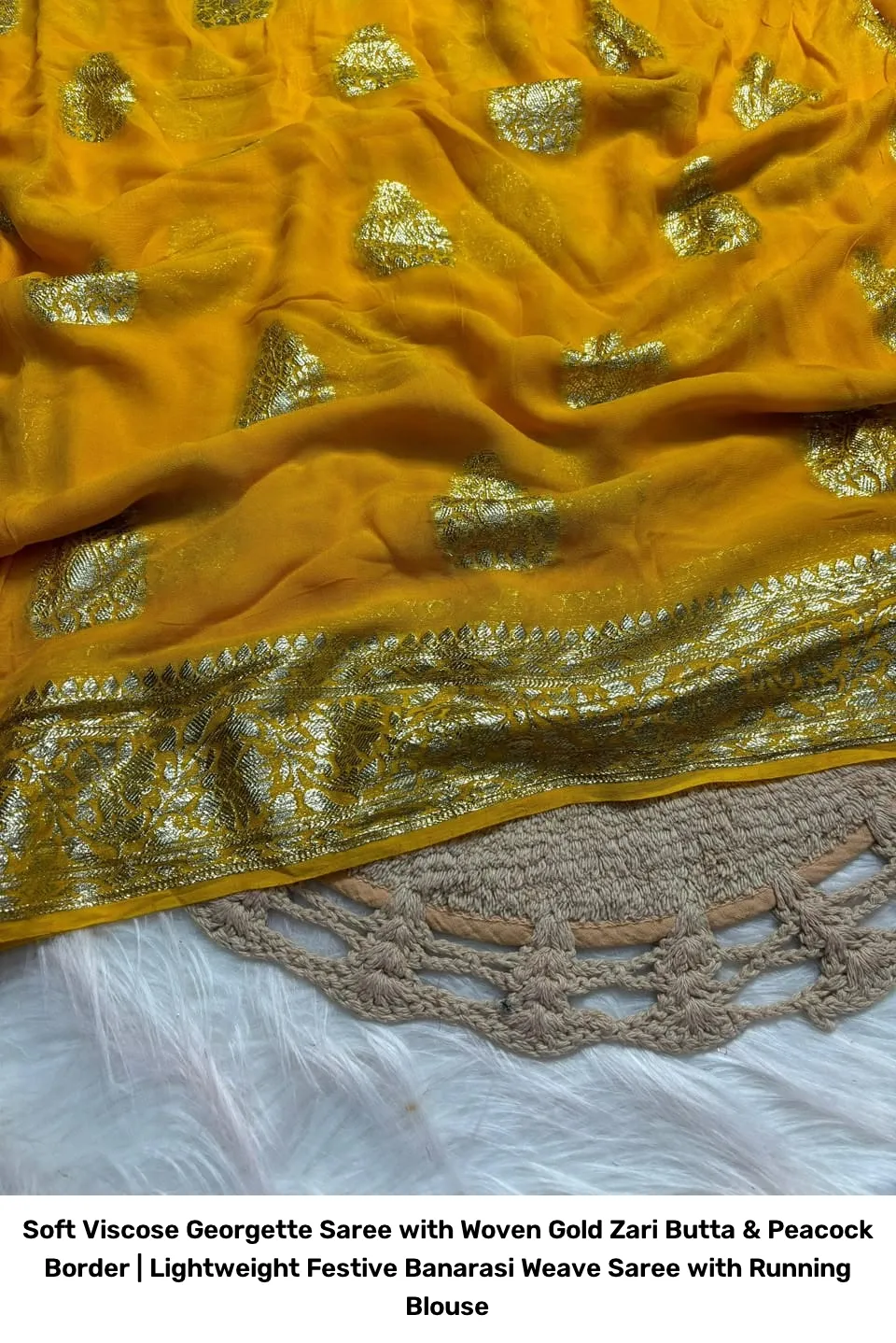 Soft Viscose Georgette Saree with Woven Gold Zari Butta & Peacock Border | Lightweight Festive Banarasi Weave Saree with Running Blouse 16