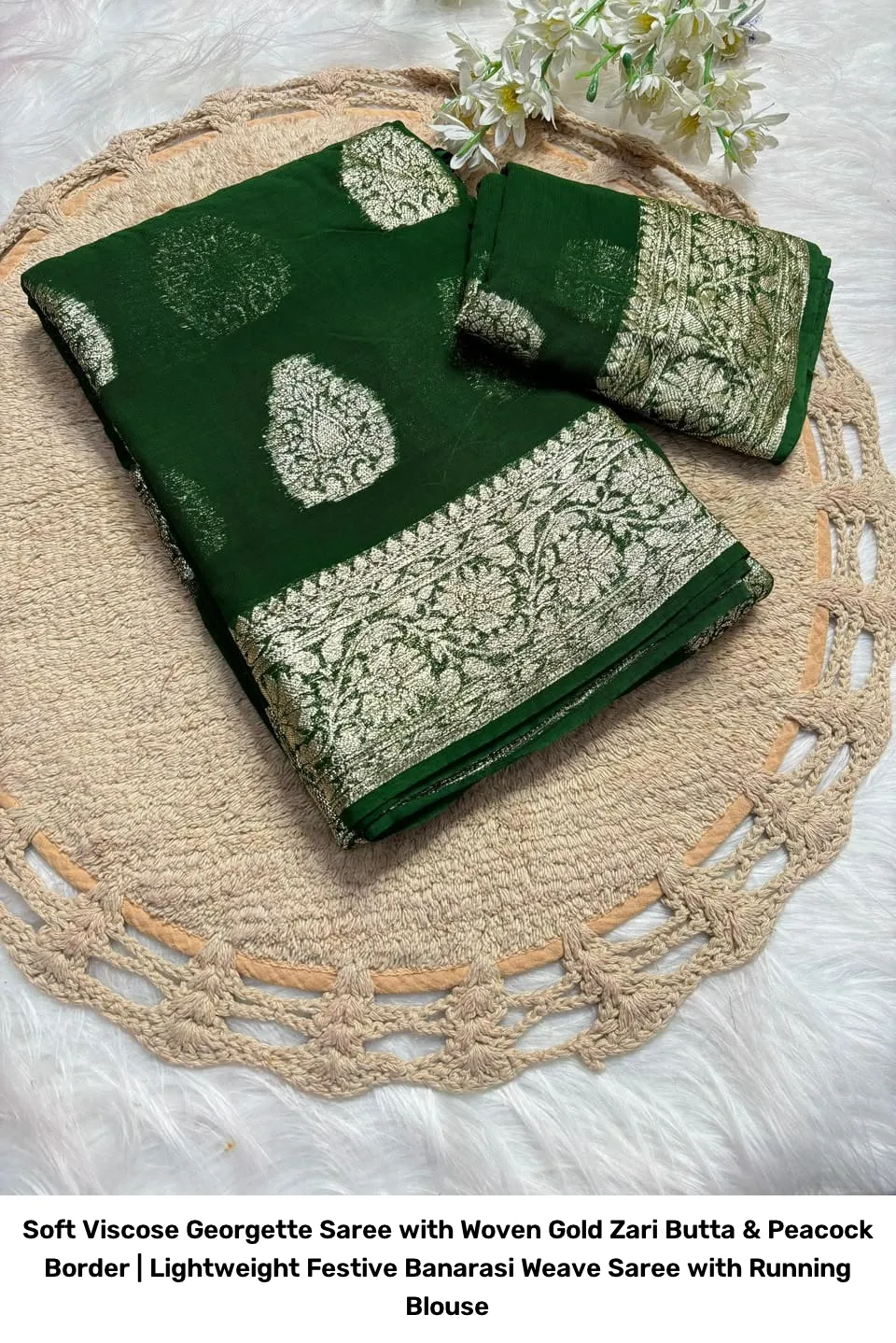 Soft Viscose Georgette Saree with Woven Gold Zari Butta & Peacock Border | Lightweight Festive Banarasi Weave Saree with Running Blouse 17