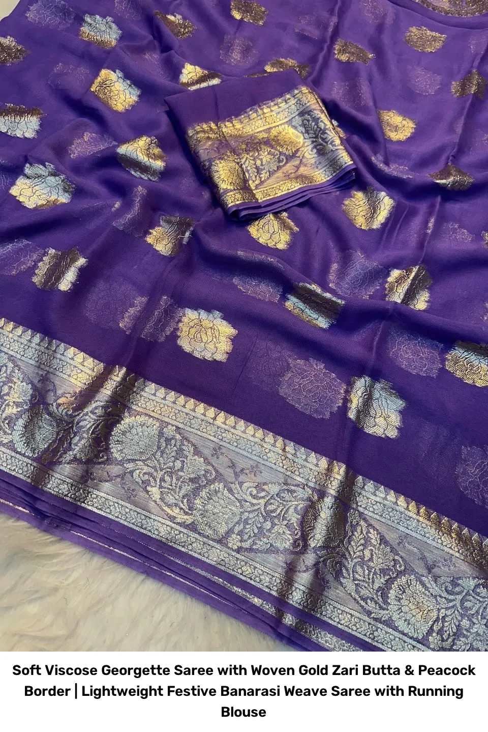 Soft Viscose Georgette Saree with Woven Gold Zari Butta & Peacock Border | Lightweight Festive Banarasi Weave Saree with Running Blouse 18
