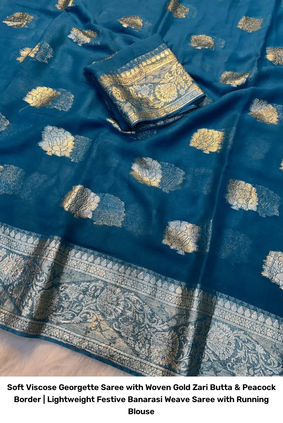Soft Viscose Georgette Saree with Woven Gold Zari Butta & Peacock Border | Lightweight Festive Banarasi Weave Saree with Running Blouse 19